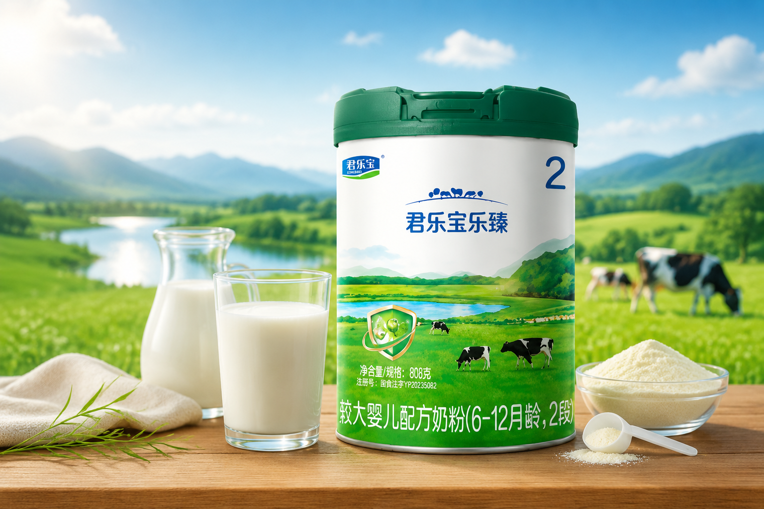 摄影级，一罐君乐宝乐臻奶粉放在木质桌面上，旁边有新鲜的牛奶和绿草地背景，阳光明媚，突出自然健康的奶源，高清晰度，商业广告风格。