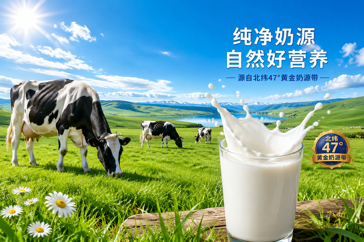 广袤无垠的绿色草原,蓝天白云,阳光明媚。几头健康的黑白花奶牛在北纬47度黄金奶源带的牧场上悠闲地吃草。画面前方有一杯溅起奶滴的纯白鲜牛奶,象征着纯净、天然和高品质的中国原生态奶源,色彩鲜艳,充满生机。