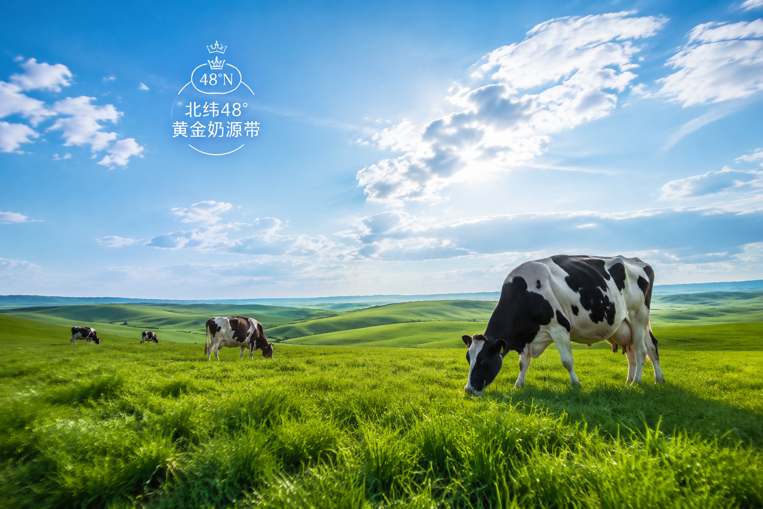 摄影级画面，北纬48度黄金奶源带，广阔无垠的绿色草原，几头健康的A2奶牛在悠闲地吃草，蓝天白云，阳光透过云层洒在草地上，纯净自然，生机勃勃。