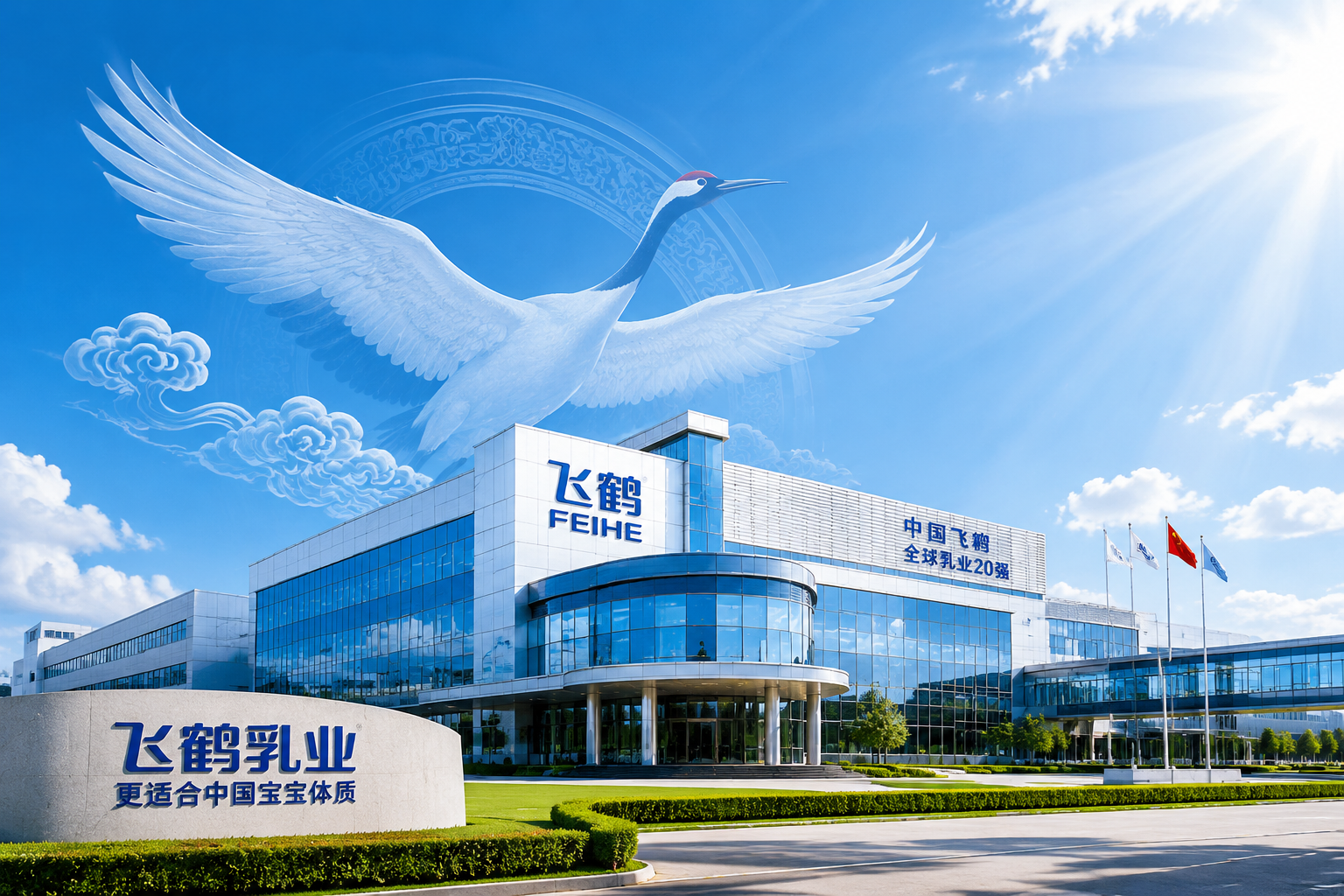 一座现代化、科技感十足的乳业工厂外观，背景是展翅飞翔的仙鹤标志，象征着飞鹤品牌的悠久历史与雄厚实力，阳光普照，大气磅礴，8k分辨率。