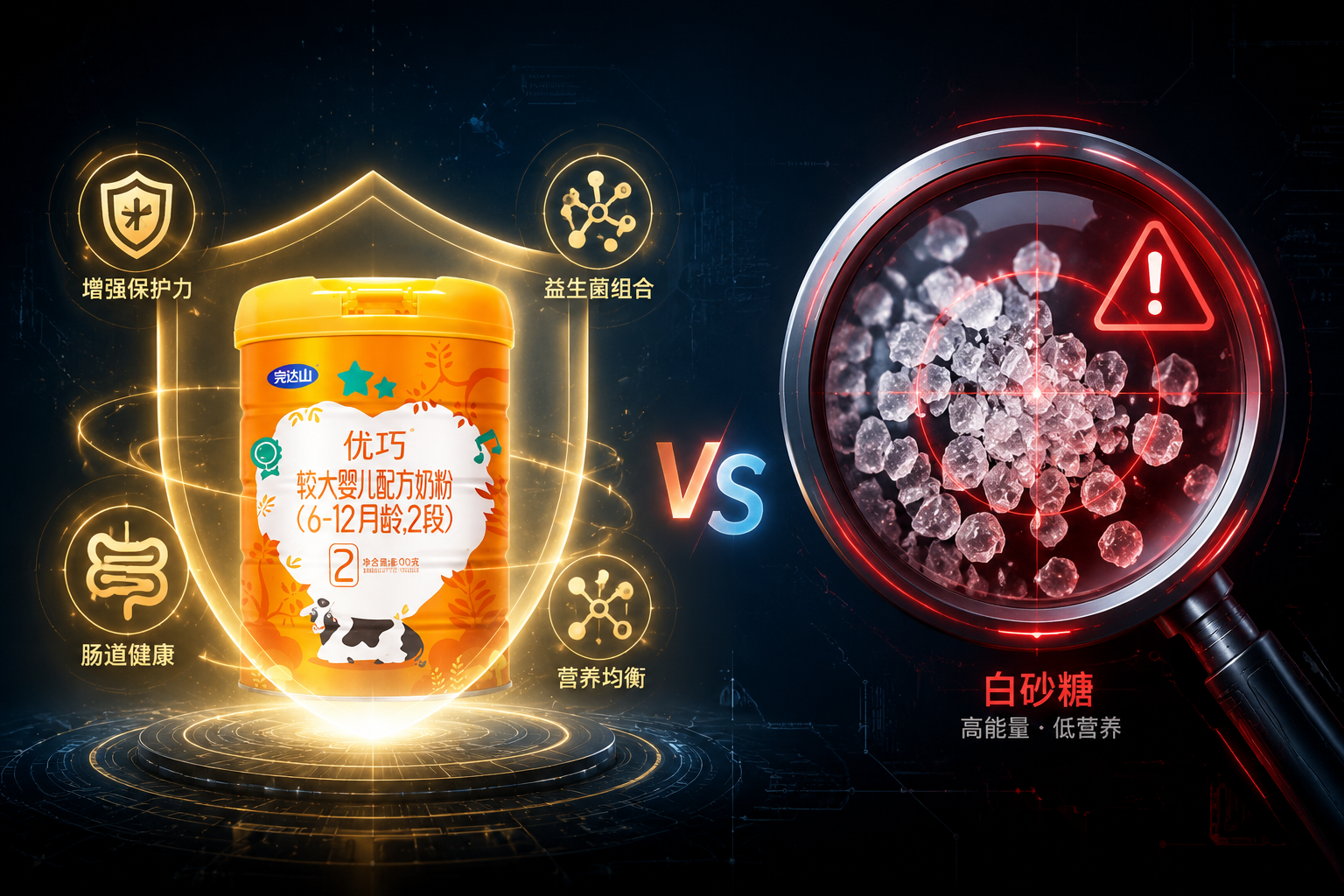 概念對比圖，左側(cè)是散發(fā)著柔和光芒的健康元素（如盾牌、腸道益生菌圖標），代表奶粉的營養(yǎng)優(yōu)勢；右側(cè)是一個高科技放大鏡，聚焦在白砂糖結(jié)晶上，帶有輕微的紅色警示光效，背景為深色科技感。
