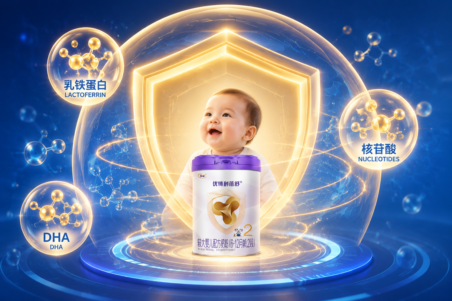 3D科技感插畫，展示免疫力護(hù)盾的概念。畫面中心是一個(gè)發(fā)光的保護(hù)罩，周圍環(huán)繞著代表“乳鐵蛋白”、“核苷酸”、“DHA”的分子結(jié)構(gòu)圖標(biāo)，色彩以科技藍(lán)和溫暖的金色為主，寓意給寶寶全方位的保護(hù)。