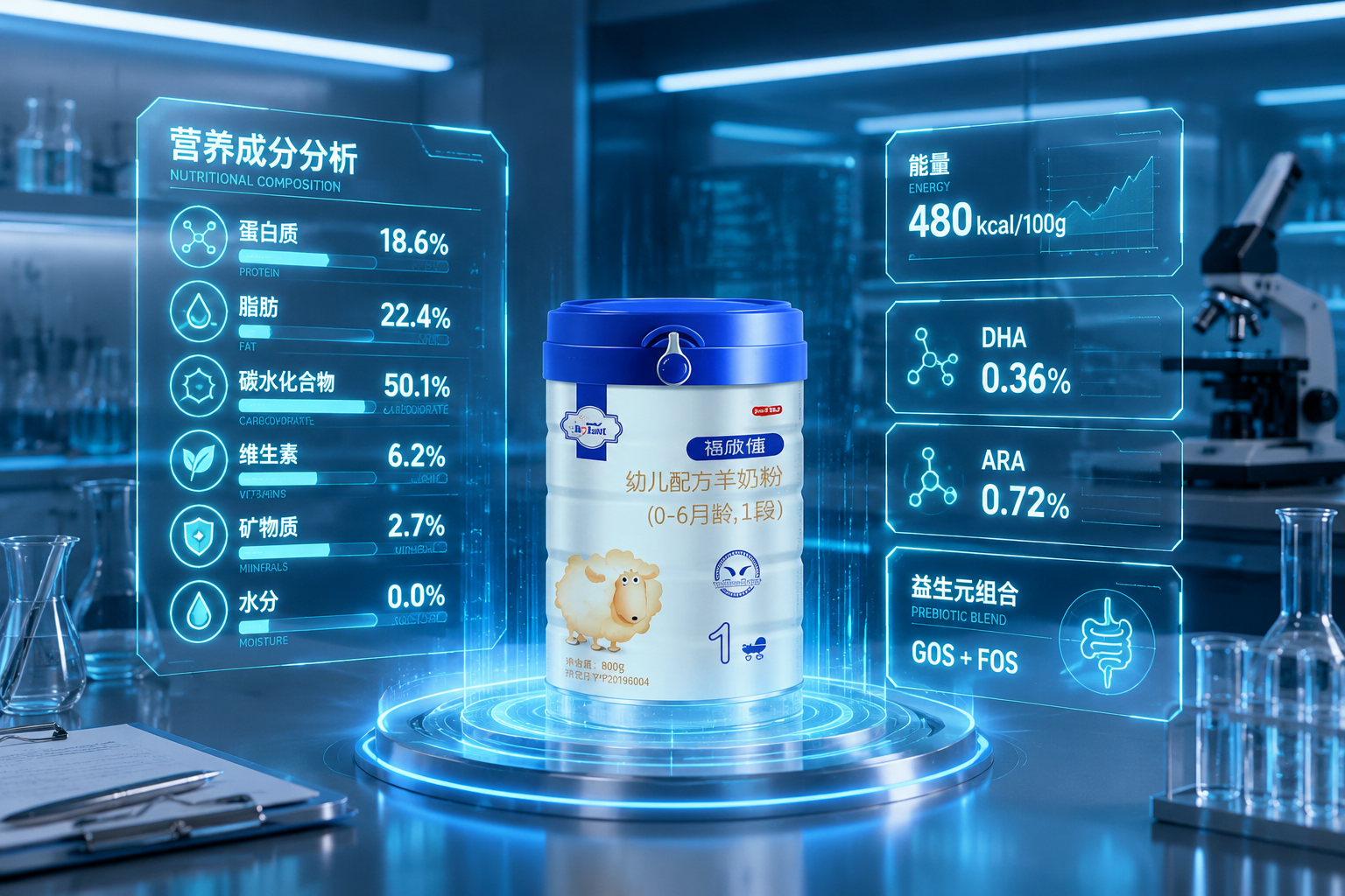 悬浮在半空中的全息发光数据图表，展示着各种营养成分的百分比，背景是干净整洁的现代实验室桌面，带有柔和的霓虹蓝绿色灯光，充满未来科技感与严谨的科学氛围。