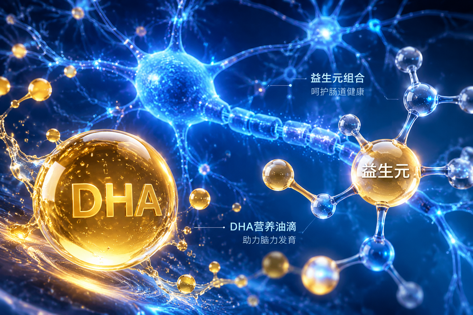 微距摄影，清晰展现金黄色的DHA营养油滴和益生元分子结构，充满科技感与生命力的画面，背景为深蓝色，带有发光的神经元连接线条，寓意大脑和神经发育。