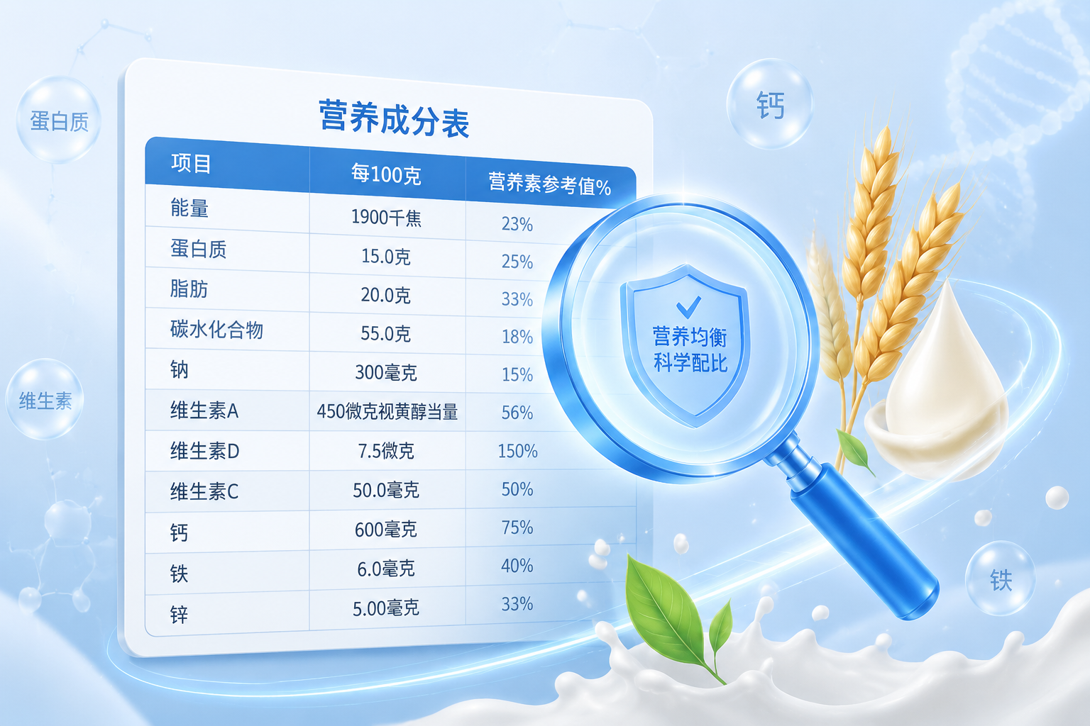 营养成分表概念图,一个发光的放大镜悬浮在数据表格上方,旁边有小巧的麦穗、牛奶滴和绿叶作为点缀,象征全面丰富的营养,医疗健康风格。