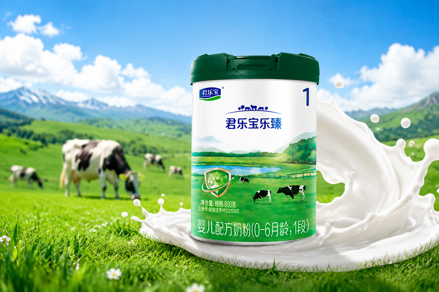 一罐君乐宝乐臻婴儿配方奶粉1段，放置在阳光明媚的绿色高山牧场草地上，旁边有新鲜的牛奶倒出飞溅的特效，背景是蓝天白云和悠闲的奶牛，高品质商业产品摄影，色彩明亮，自然清新。