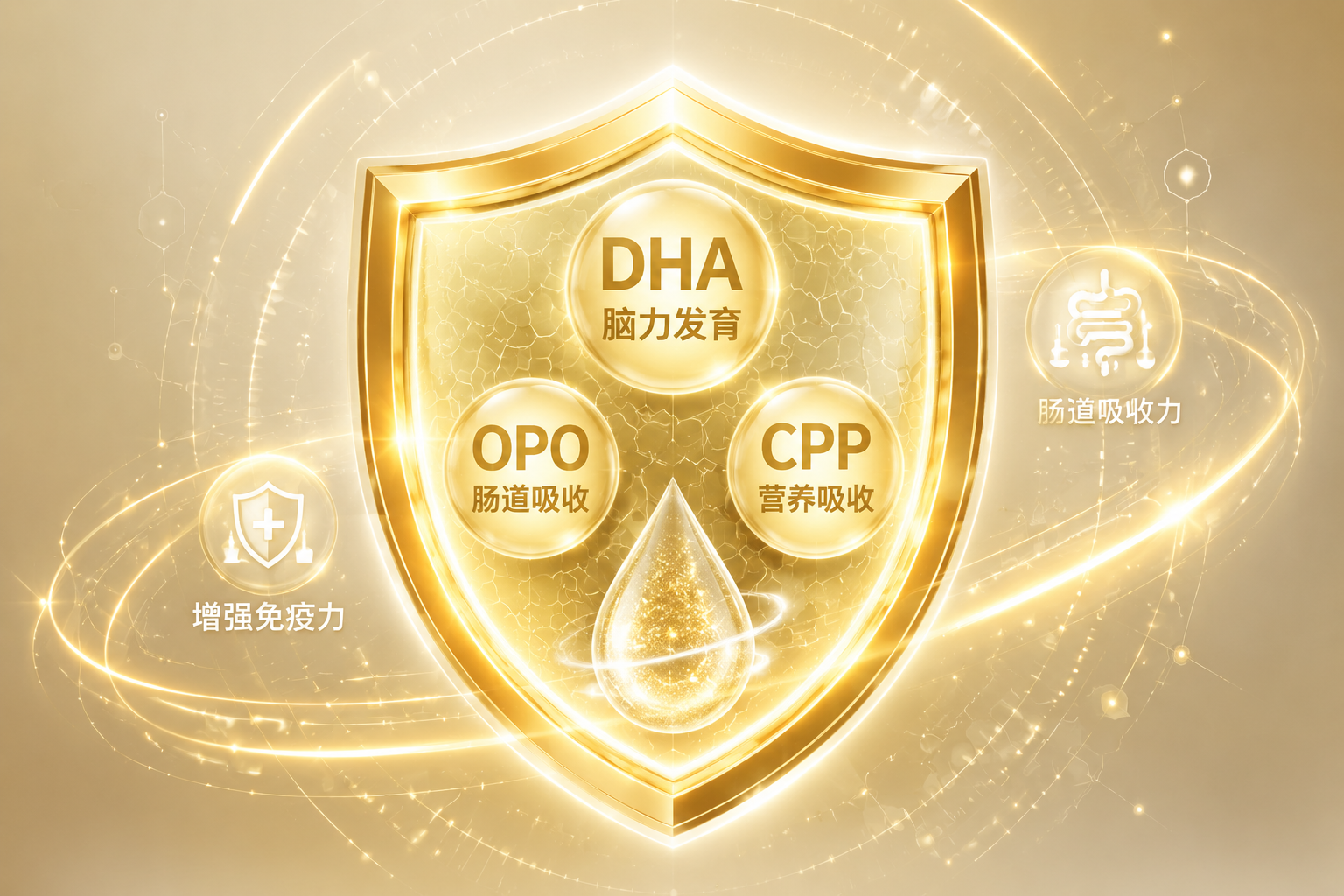 一个发光的金色盾牌，内部包含DHA、OPO、CPP等字样，象征着高端配方奶粉带给宝宝的强大免疫保护力与肠道吸收力，充满未来科技感。