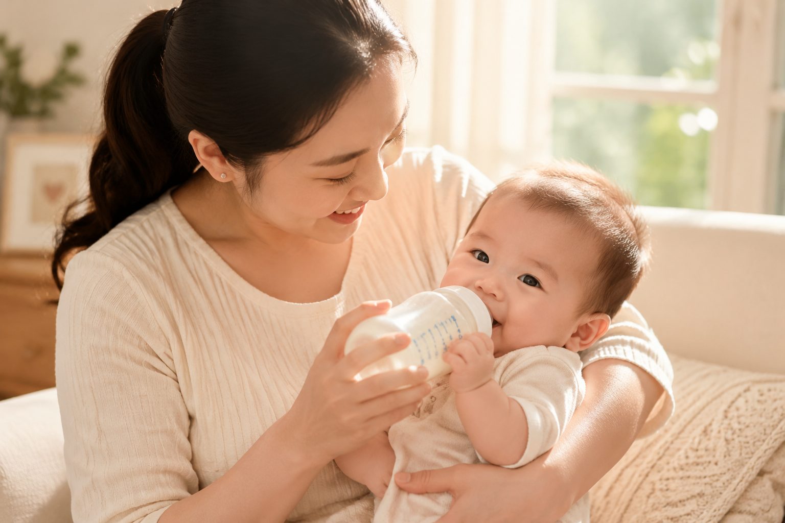 一个0-6个月大、健康可爱的婴儿在妈妈怀里开心地喝奶，阳光透过窗户洒在他们身上，充满母爱与温暖的画面，高品质人像摄影。