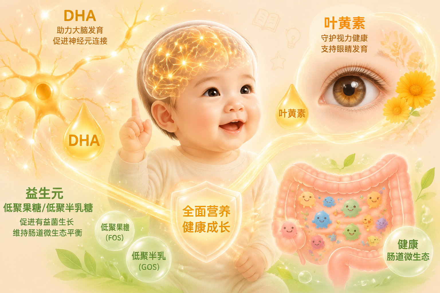 婴儿大脑神经元、清澈的眼睛和健康的肠道微生态的抽象插画，用柔和的暖色调表现DHA、叶黄素和益生元（低聚果糖/低聚半乳糖）在宝宝体内的积极作用，充满生机与活力。