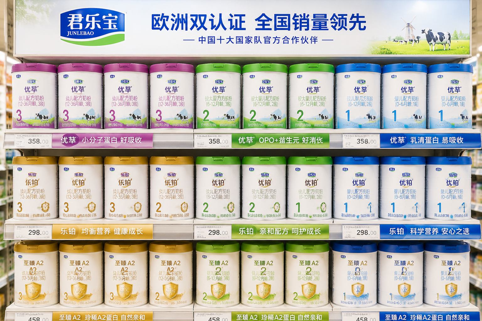 超市母嬰專區(qū)的貨架，整齊排列著君樂(lè)寶各系列的奶粉（樂(lè)鉑、優(yōu)萃、至臻等），標(biāo)簽清晰，光線明亮，展現(xiàn)品牌豐富的產(chǎn)品線。