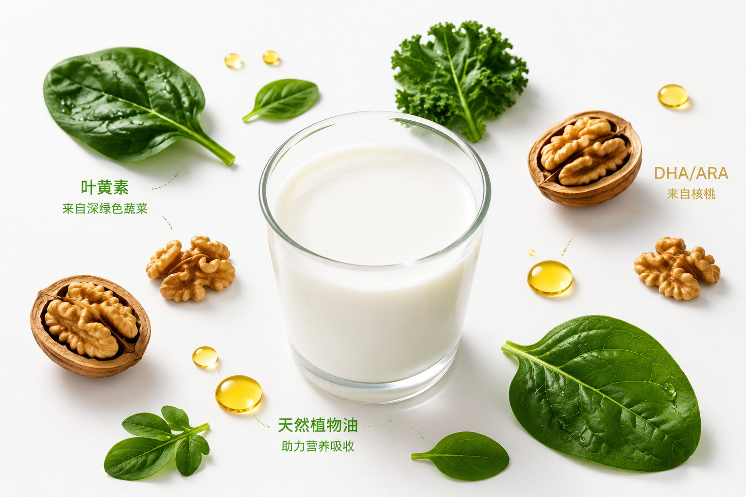 清新的配料展示图，中心是一杯纯净的鲜牛奶（生牛乳），周围散落着核桃（代表DHA/ARA）、深绿色蔬菜（代表叶黄素）、天然植物油滴，背景纯净洁白，体现配料的干净、天然与安全。