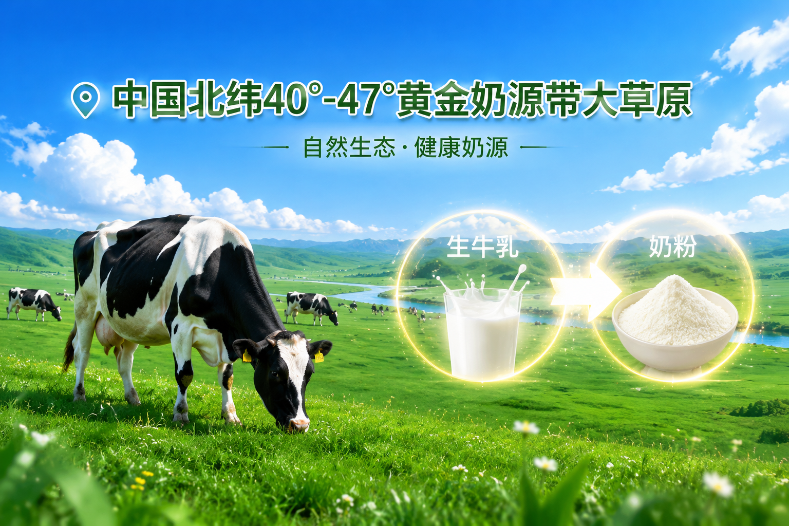 中國北緯40°-47°黃金奶源帶大草原，藍(lán)天白云，健康的黑白花奶牛在吃草，自然生態(tài)，綠色清新，旁邊有“生牛乳”和“奶粉”的轉(zhuǎn)化示意發(fā)光圖標(biāo)。