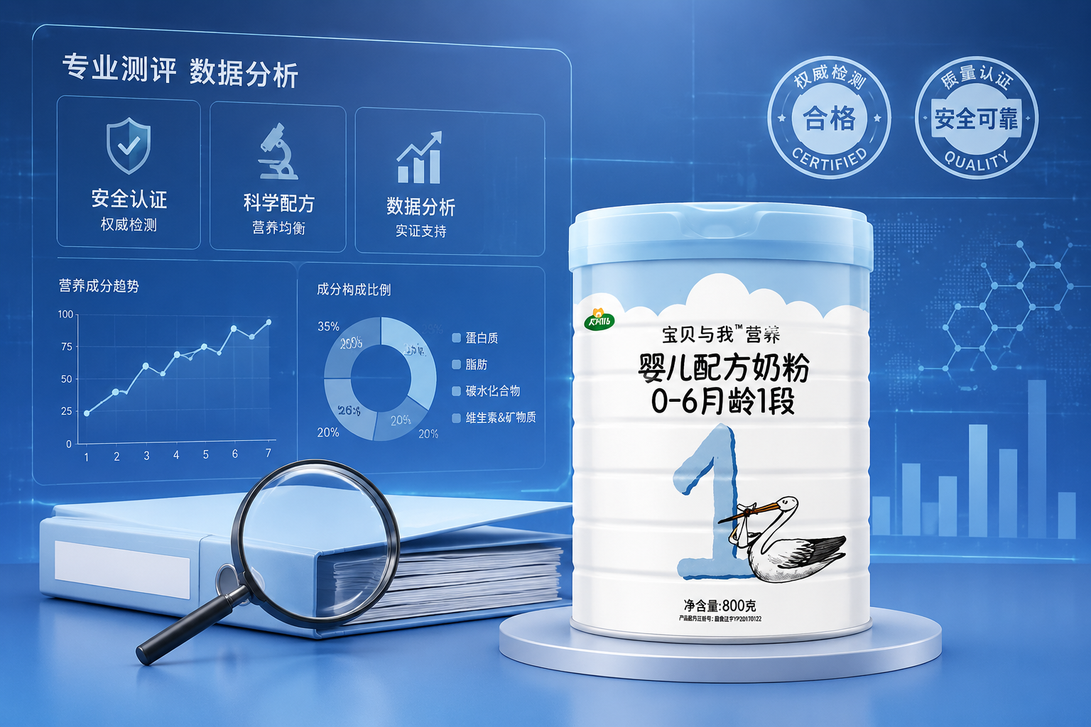 极简风格的档案夹和放大镜，旁边放置着一罐婴儿奶粉，背景是带有数据图表和认证标志的科技感蓝色背板，体现专业测评和严谨分析的氛围，3D渲染，高质量。