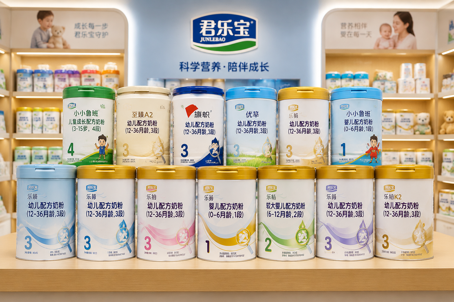 君乐宝品牌旗下多款不同系列和段数的奶粉罐整齐排列的家族合影，背景为高端母婴店货架，展现品牌丰富的产品线。