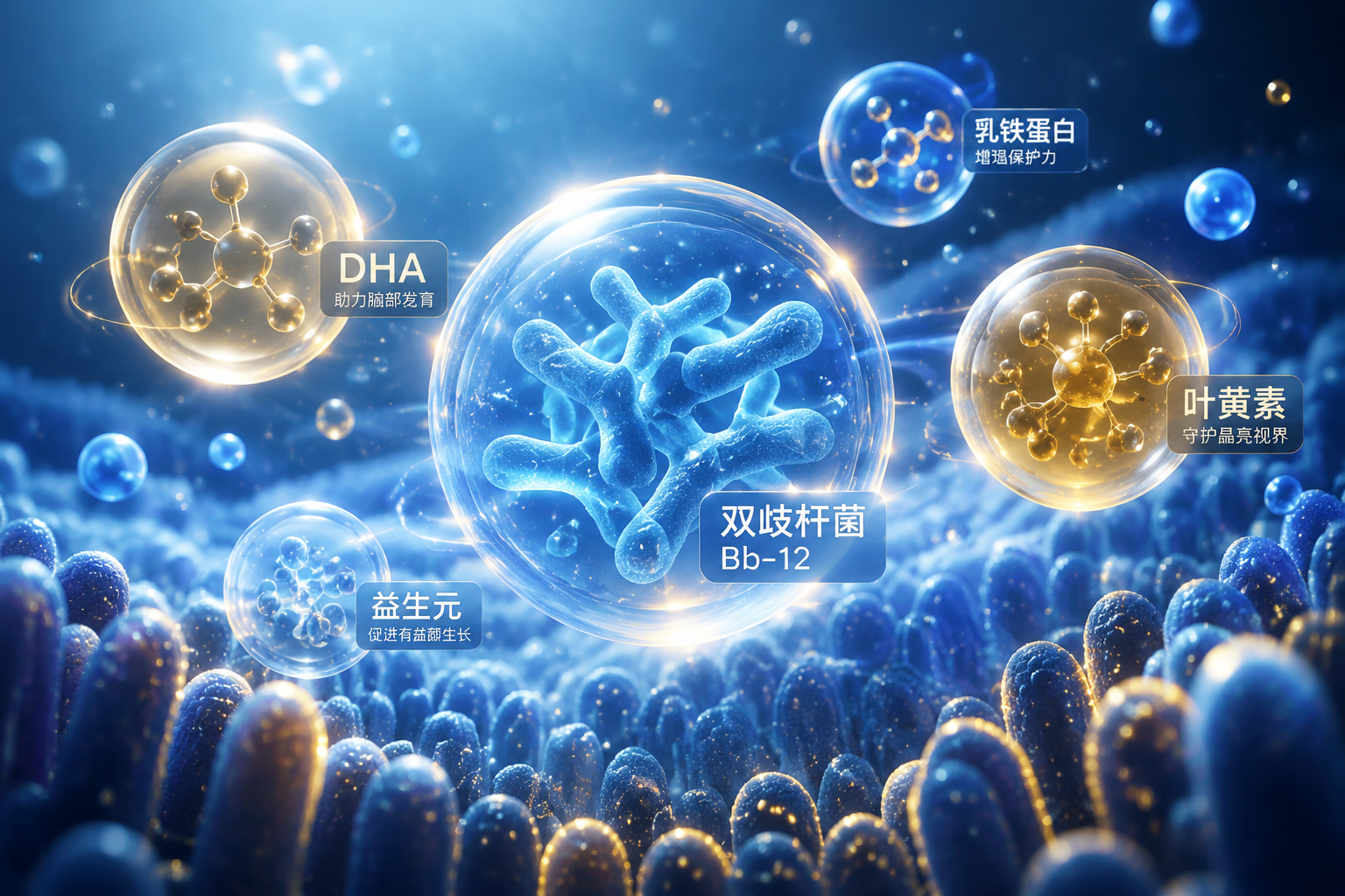 微观视角的益生菌和营养分子发光漂浮在空中，代表双歧杆菌、DHA和叶黄素等核心营养成分，充满科技感和健康感，蓝色和金色的主色调，3D CG插画。