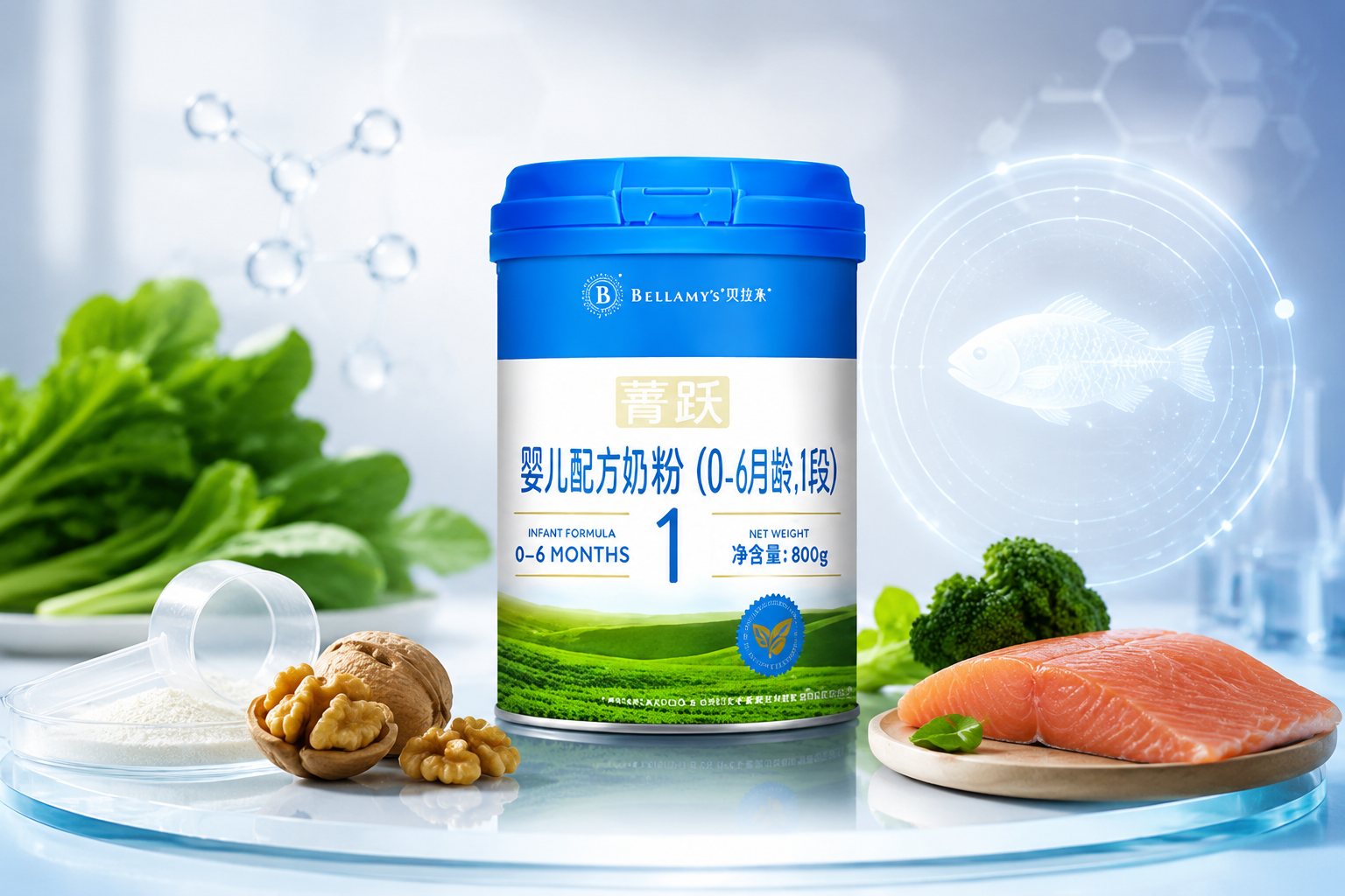 充满科技感与营养学的静物摄影，奶粉罐旁边有一些代表营养的元素（如透明的量勺、新鲜的核桃、深海鱼的剪影图标、绿叶蔬菜），展示全面均衡的营养配方，柔和的灯光，高级感。