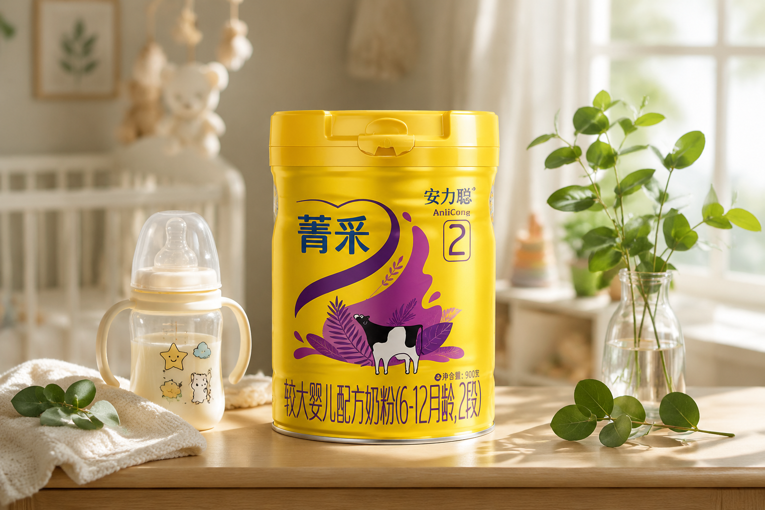 商业摄影，一罐完达山安力聪菁采奶粉2段放置在画面中央，背景是温馨的婴儿房，柔和的自然光透过窗户洒在奶粉罐上，旁边放着一个可爱的婴儿奶瓶和几束清新的绿叶，高画质，8K分辨率，逼真质感。