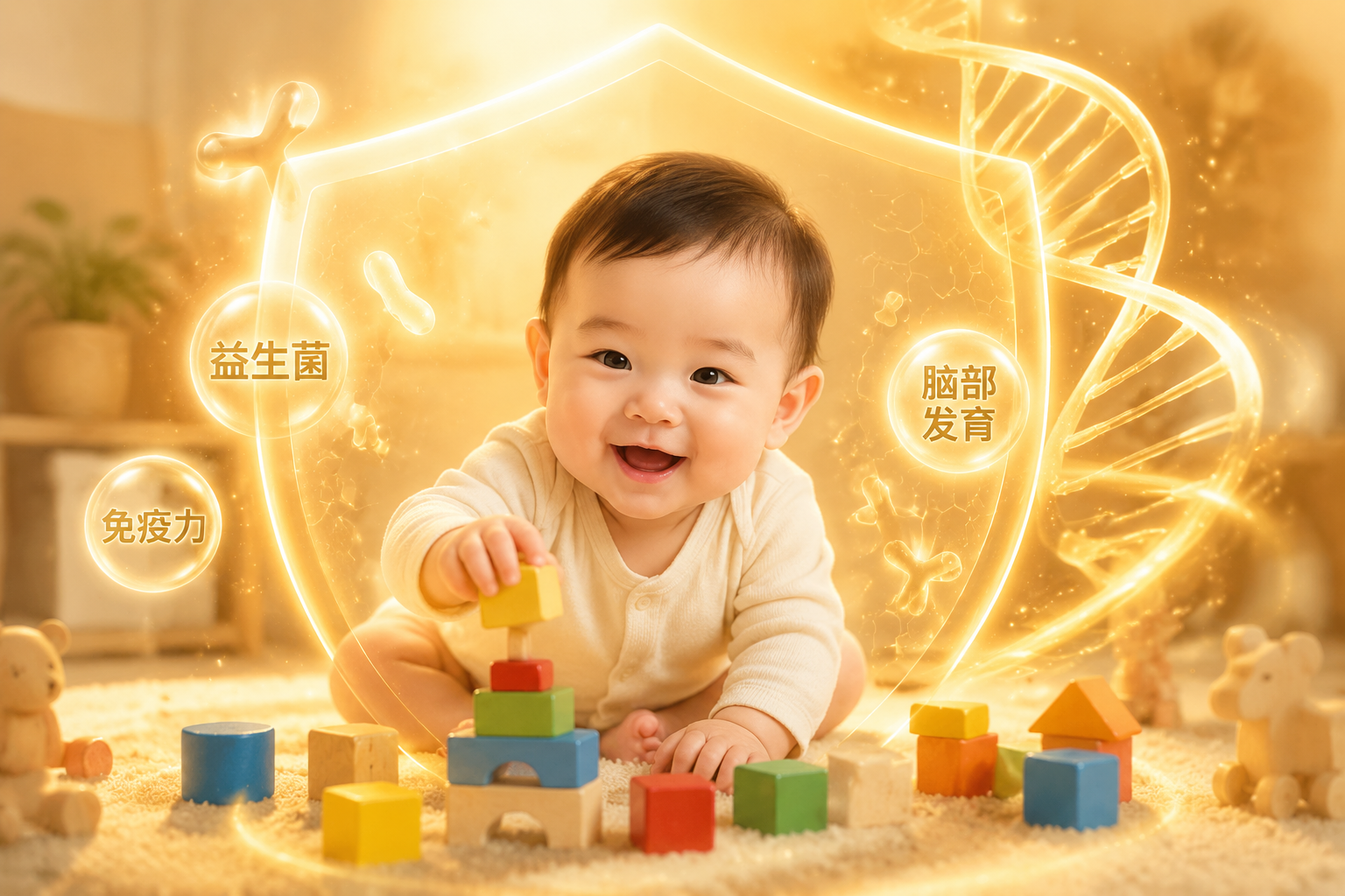 一個(gè)可愛的6個(gè)月大嬰兒正在開心地玩耍益智積木，嬰兒周圍環(huán)繞著半透明的發(fā)光護(hù)盾（象征益生菌和免疫力）以及代表大腦發(fā)育的DNA螺旋光影特效，暖色調(diào)，充滿生命力與科技感結(jié)合的母嬰攝影。