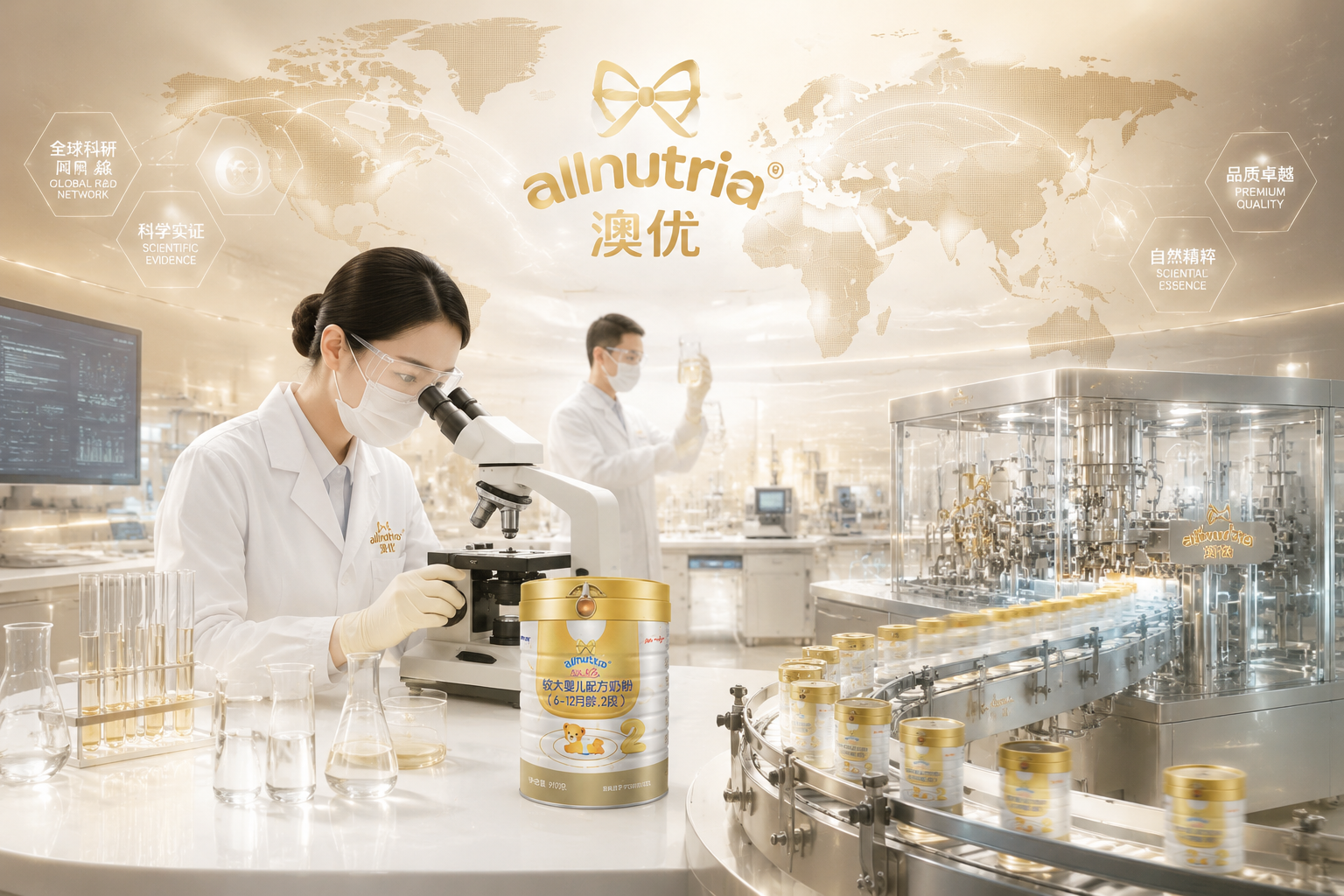 现代化的乳制品研发实验室和无菌生产线,背景带有半透明的世界地图和澳优的品牌标志元素,穿着白色实验服的科研人员正在检测,体现国际化乳品公司的科研实力与严谨态度,科技感偏暖色调。