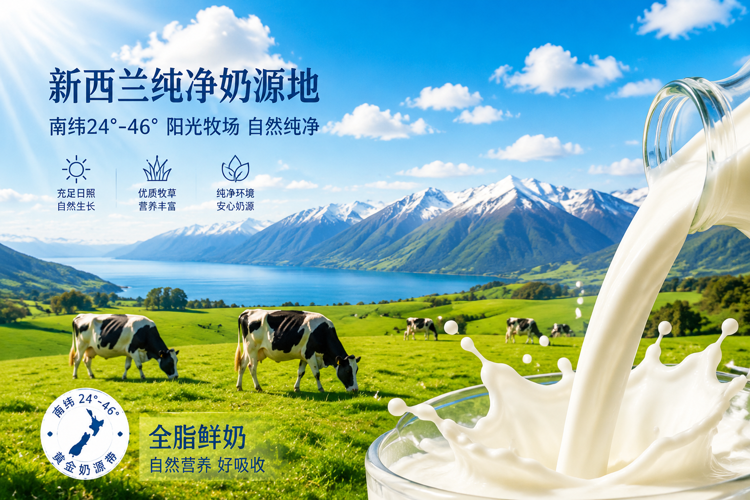 一幅展现新西兰纯净奶源地的风景图。蓝天白云下，南纬24°-46°的阳光洒在绿草如茵的广阔牧场上，几头健康的奶牛在悠闲地吃草。画面角落配有新鲜牛奶倾倒的特写，强调“全脂鲜奶”的原料基底。