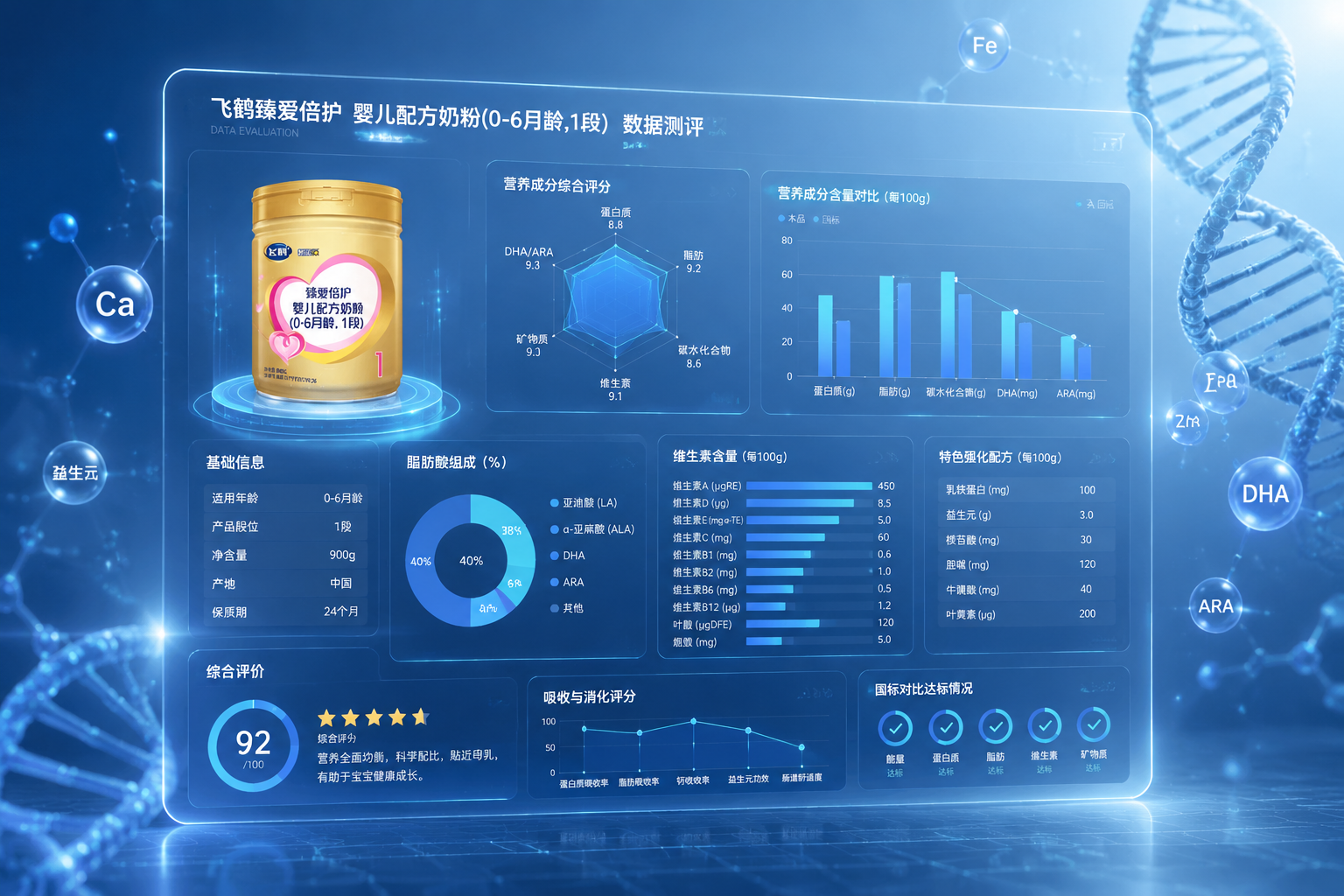 专业的数据图表背景，带有医疗健康风格，半透明的表格界面悬浮在空中，背景是柔和的蓝色渐变，带有DNA双螺旋结构和发光的微量元素粒子，展现硬核的数据测评风格。