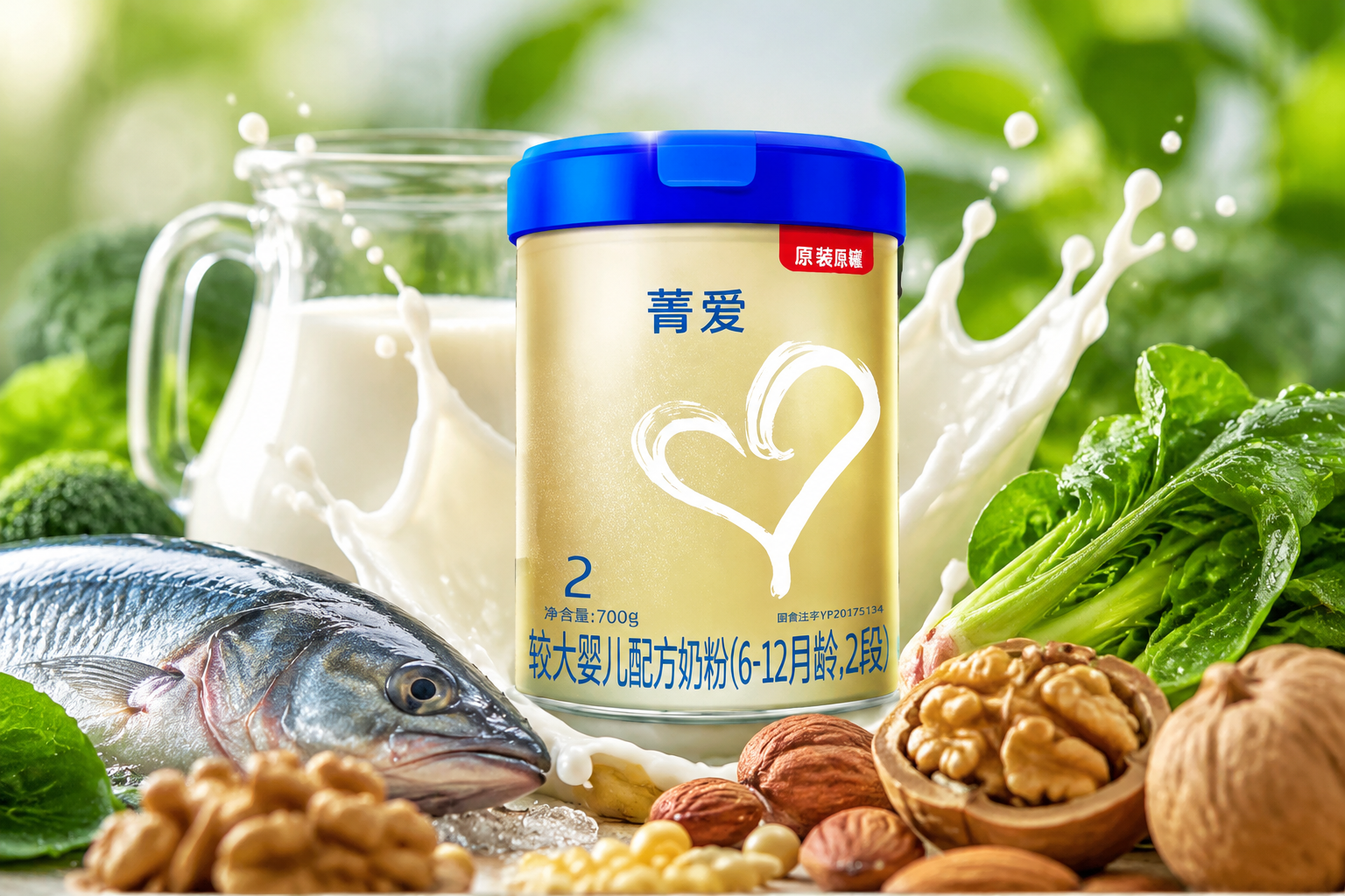 丰富的天然食材环绕着一罐奶粉，包括新鲜的牛奶飞溅、深海鱼（代表DHA）、绿叶蔬菜和坚果，画面清新自然，展现配料的丰富与安全，微距摄影。