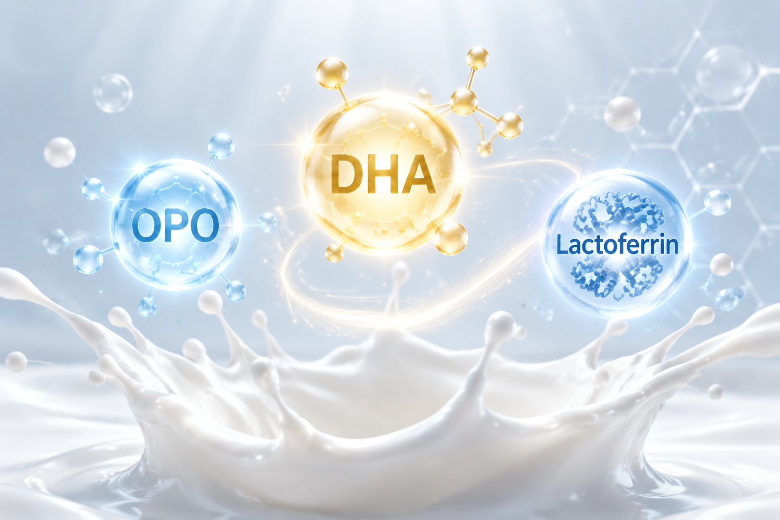 A futuristic and scientific illustration showing glowing nutritional molecules like DHA, OPO, and Lactoferrin floating above a splash of pure white milk, clean and professional, 3D render.
