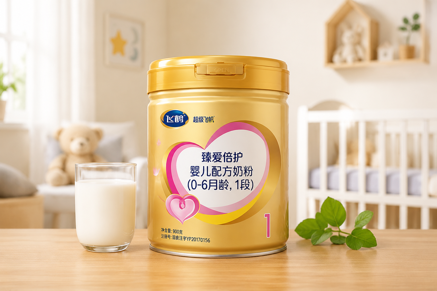 一罐飞鹤超级飞帆臻爱倍护奶粉1段，放置在干净整洁的木质桌面上，旁边有少许新鲜的绿叶和一杯纯白色的鲜牛奶，背景是明亮的婴儿房，采用专业摄影棚光线，色彩温暖柔和，高清晰度，产品居中特写。