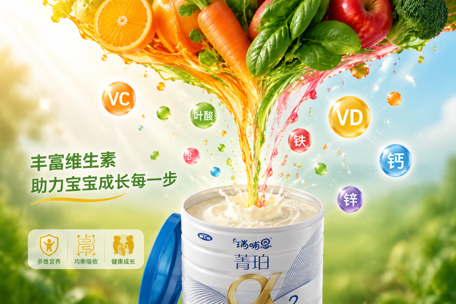 丰富的维生素概念图，各种新鲜的水果蔬菜（如橙子、胡萝卜、菠菜）提炼出彩色的发光精华滴入奶粉中，充满生机与活力。