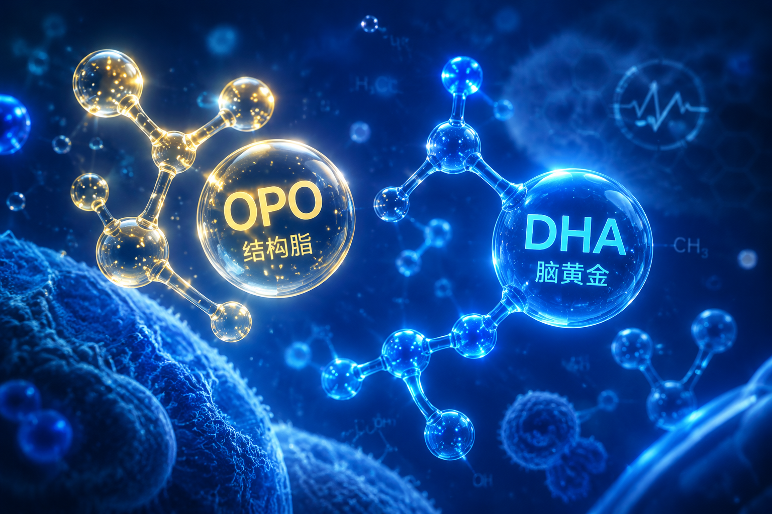 微观视角的科学营养分子结构图,发光的OPO分子和DHA分子漂浮在半空中,背景是深邃的蓝色,充满科技感和健康呵护的氛围,3D渲染。