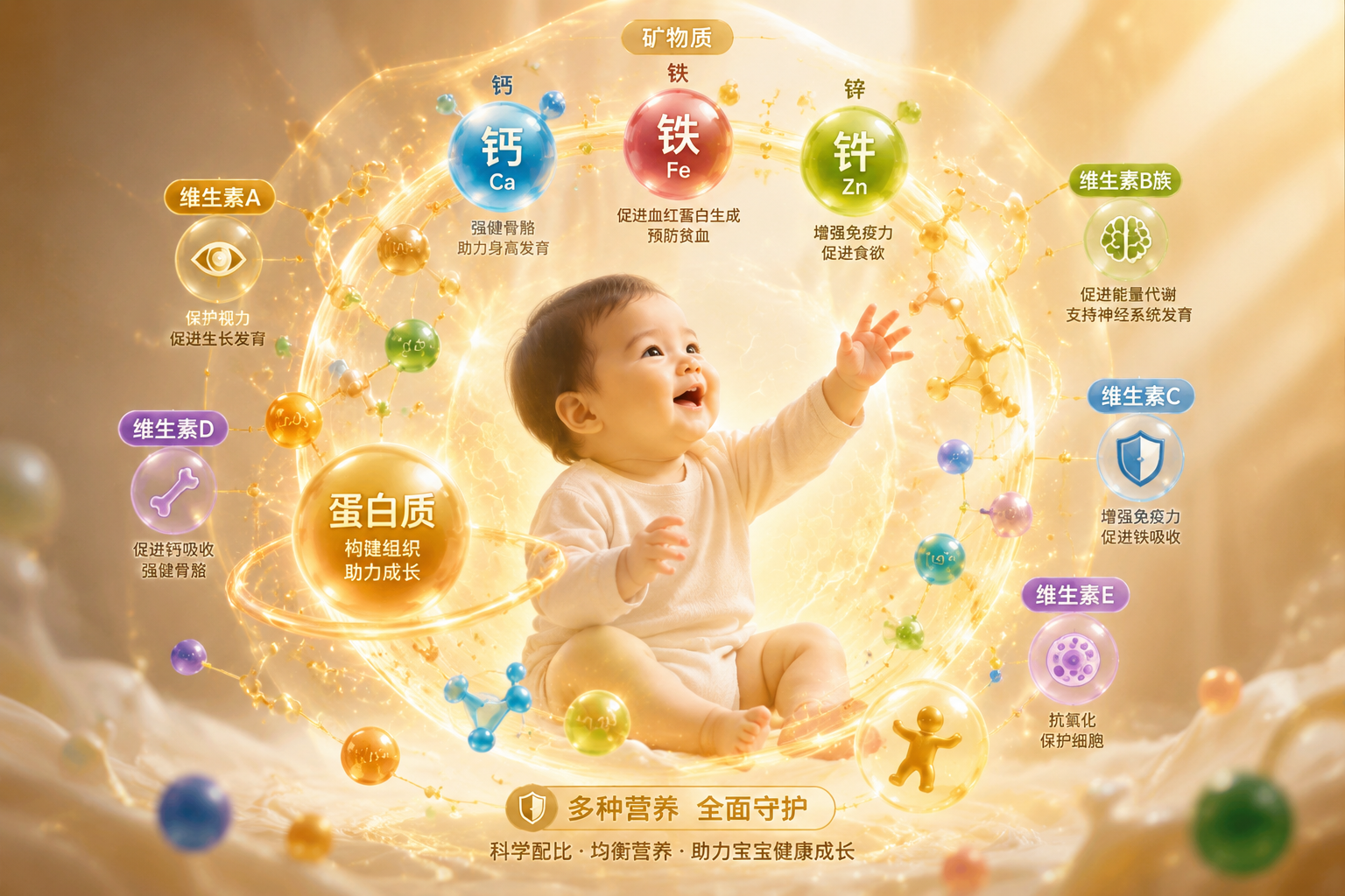一張全面展現(xiàn)豐富營養(yǎng)元素的信息可視化概念圖，包含了蛋白質(zhì)、礦物質(zhì)（鈣鐵鋅）、多種維生素的微觀粒子在半空中環(huán)繞聚合，形成一個守護嬰兒成長的能量球，光影豐富，色彩溫馨且科學(xué)。