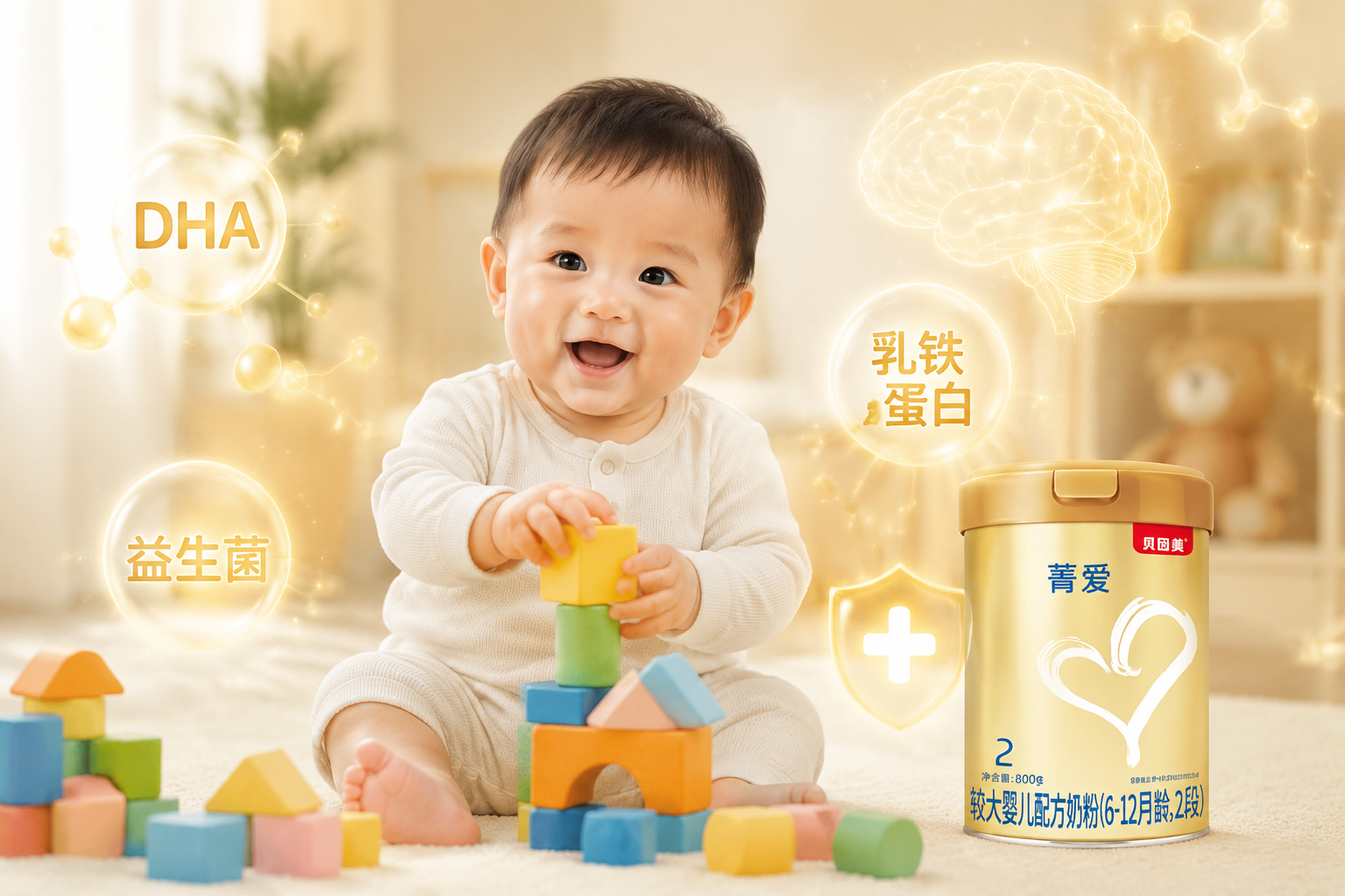 一个可爱健康的6-12个月大婴儿，正在开心地玩着益智积木，眼睛明亮有神，画面周围带有DHA、益生菌、乳铁蛋白等发光的分子结构图标，体现大脑发育和免疫力提升，温馨色调，母婴商业摄影。