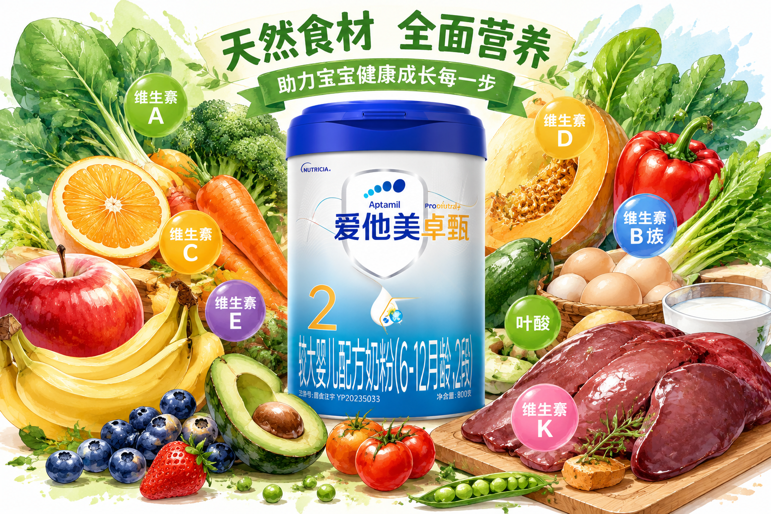 丰富的新鲜水果、蔬菜、动物肝脏等富含天然维生素的食物手绘插画拼图，中央放着产品。色彩丰富鲜艳，传递出天然、全面补充维生素的健康理念。