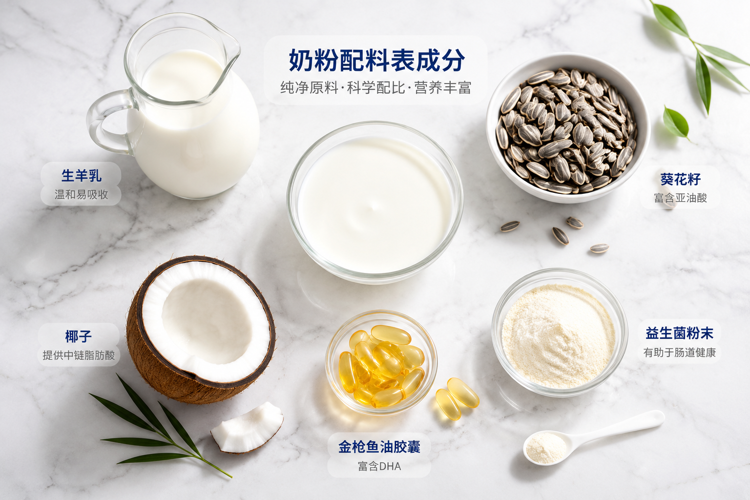 奶粉配料表成分的可视化展示，画面中包含新鲜的生羊乳、葵花籽、椰子、金枪鱼油胶囊和益生菌粉末，整齐排列在干净的白色大理石台面上，俯视角度，光线明亮，展现原料的纯净与丰富。