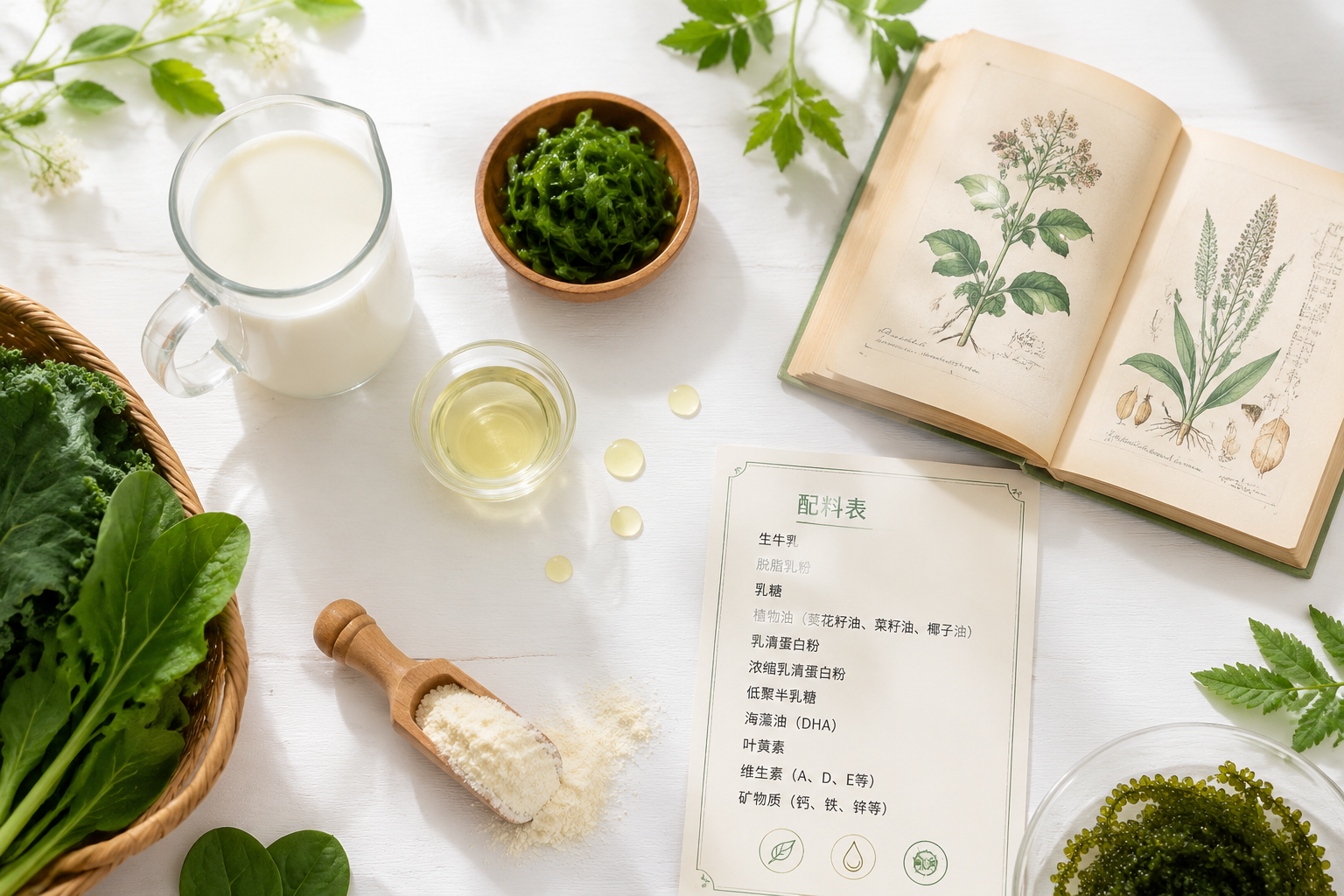 俯视视角，一张洁白的桌面上整齐地排列着各种代表天然食材的道具：一杯纯净的新鲜牛奶、几滴清澈的植物油、新鲜的绿色蔬菜和海藻。旁边放着一本翻开的复古植物学图谱和奶粉配料表卡片，呈现出配料的纯天然与透明度，小清新风格，明亮自然光。