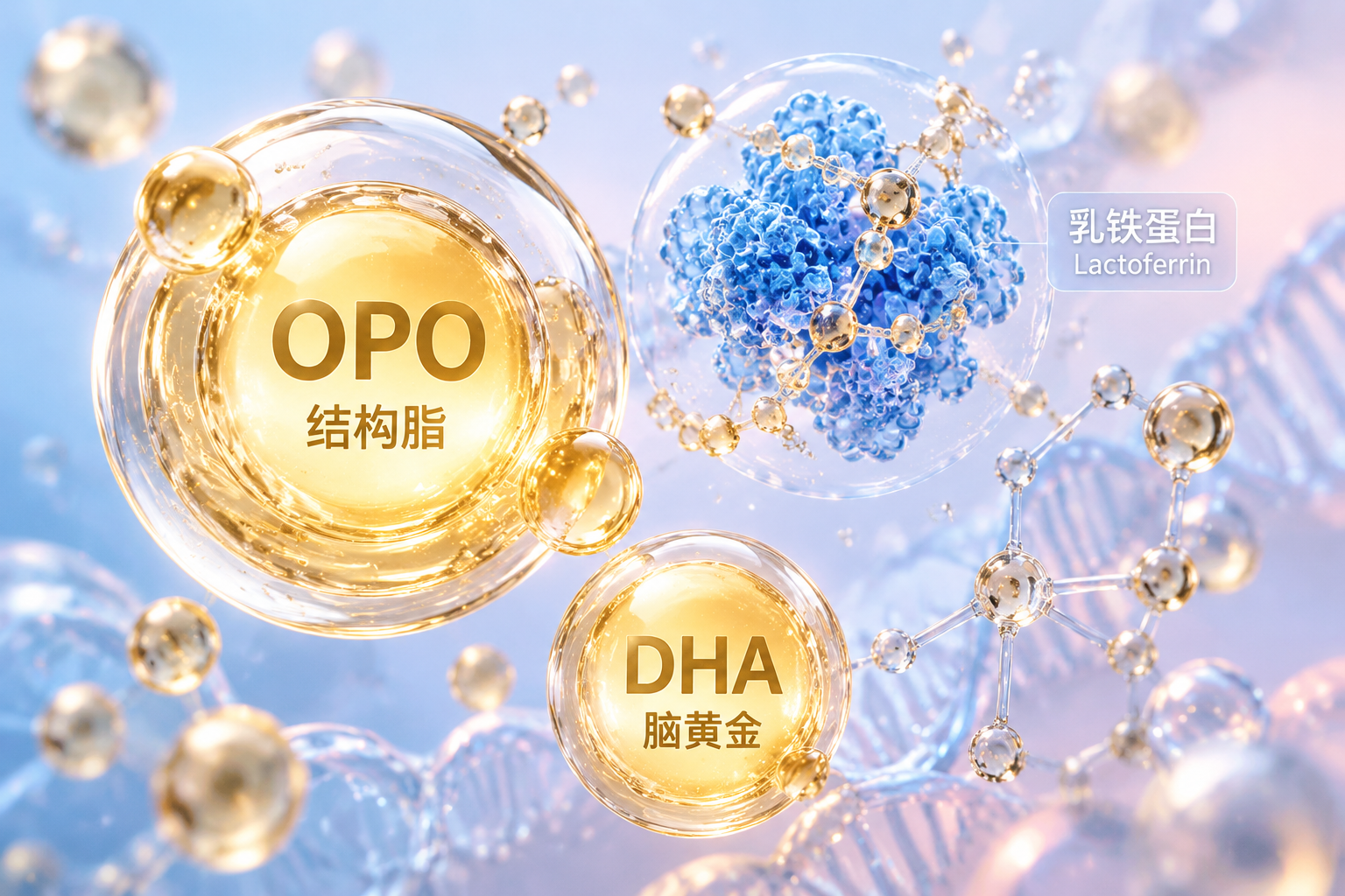 显微镜下的金色油滴（代表OPO和DHA）与乳铁蛋白分子的艺术渲染图。背景是柔和的粉蓝色，突出强化营养配方的珍贵与高科技提取工艺。3D高精细渲染。