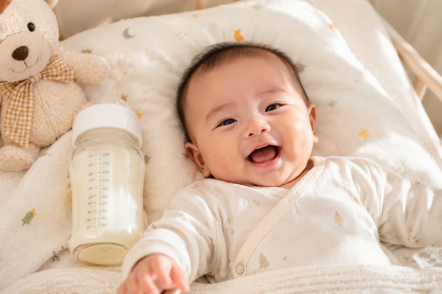一个0到6个月大、非常健康可爱的中国婴儿，正躺在柔软的婴儿床上开心地笑着，旁边放着一个奶瓶，画面充满母爱、温馨、阳光明媚，高画质摄影。