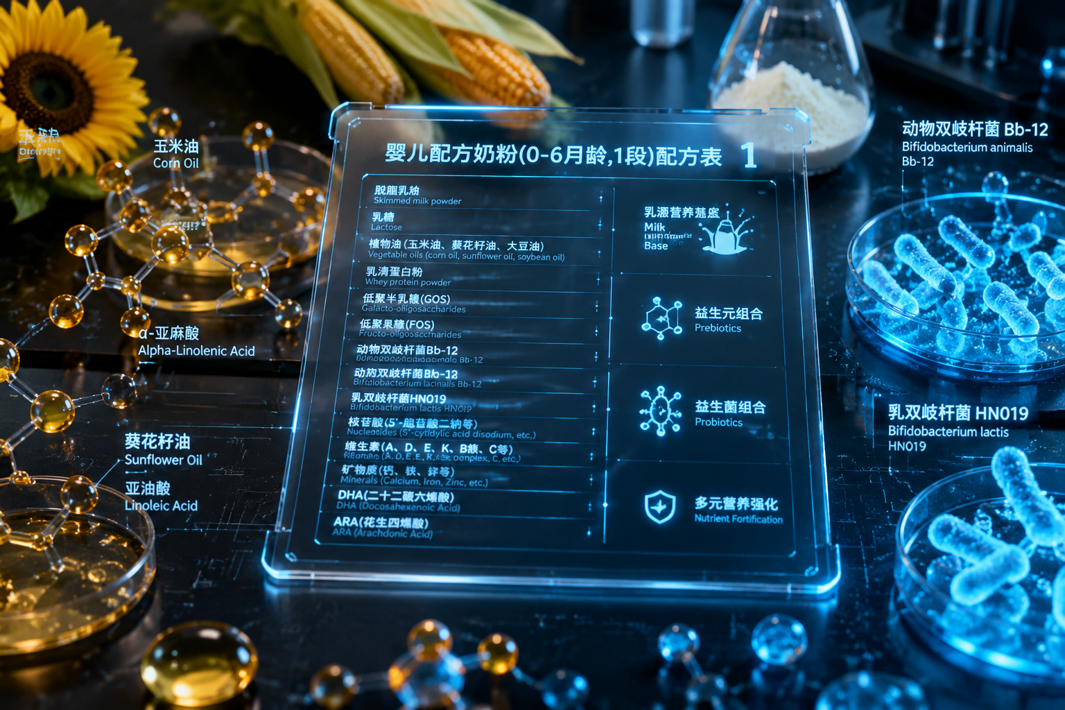 充满科技感的实验室桌面，上面放着一张透明的发光配方表，周围环绕着提取自植物的天然油脂分子模型（如玉米油、葵花籽油）和益生菌的微观发光模型，展现配料的科学与透明，微距摄影，冷暖色调对比。