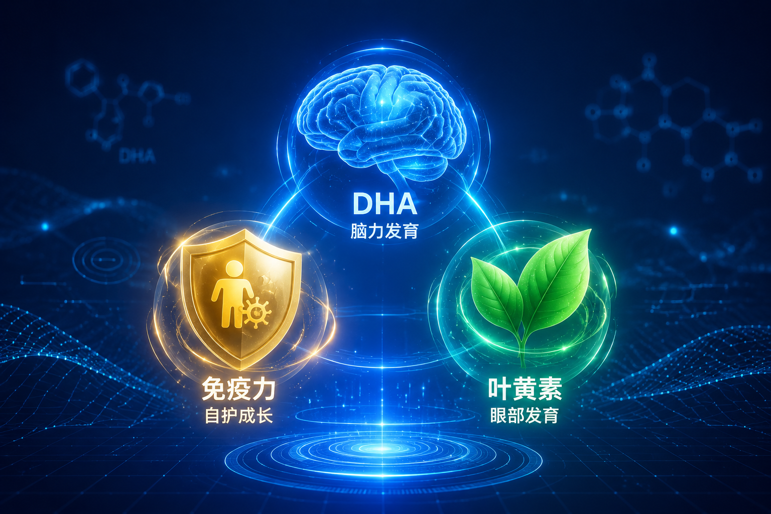 3D科技感图标设计，发光的蓝色大脑代表DHA，发光的金色盾牌代表免疫力，发光的绿叶代表叶黄素，图标悬浮在半空中，背景是深蓝色的科技网格，充满高端营养科学的氛围