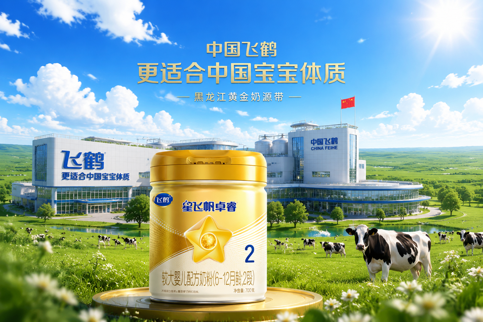 充满科技感与自然融合的现代化奶粉生产基地，背景是广阔的黑龙江黄金奶源带草原，蓝天白云，阳光明媚。前景带有飞鹤品牌元素的奶粉罐，展现中国品牌的实力与安心感，电影级构图。