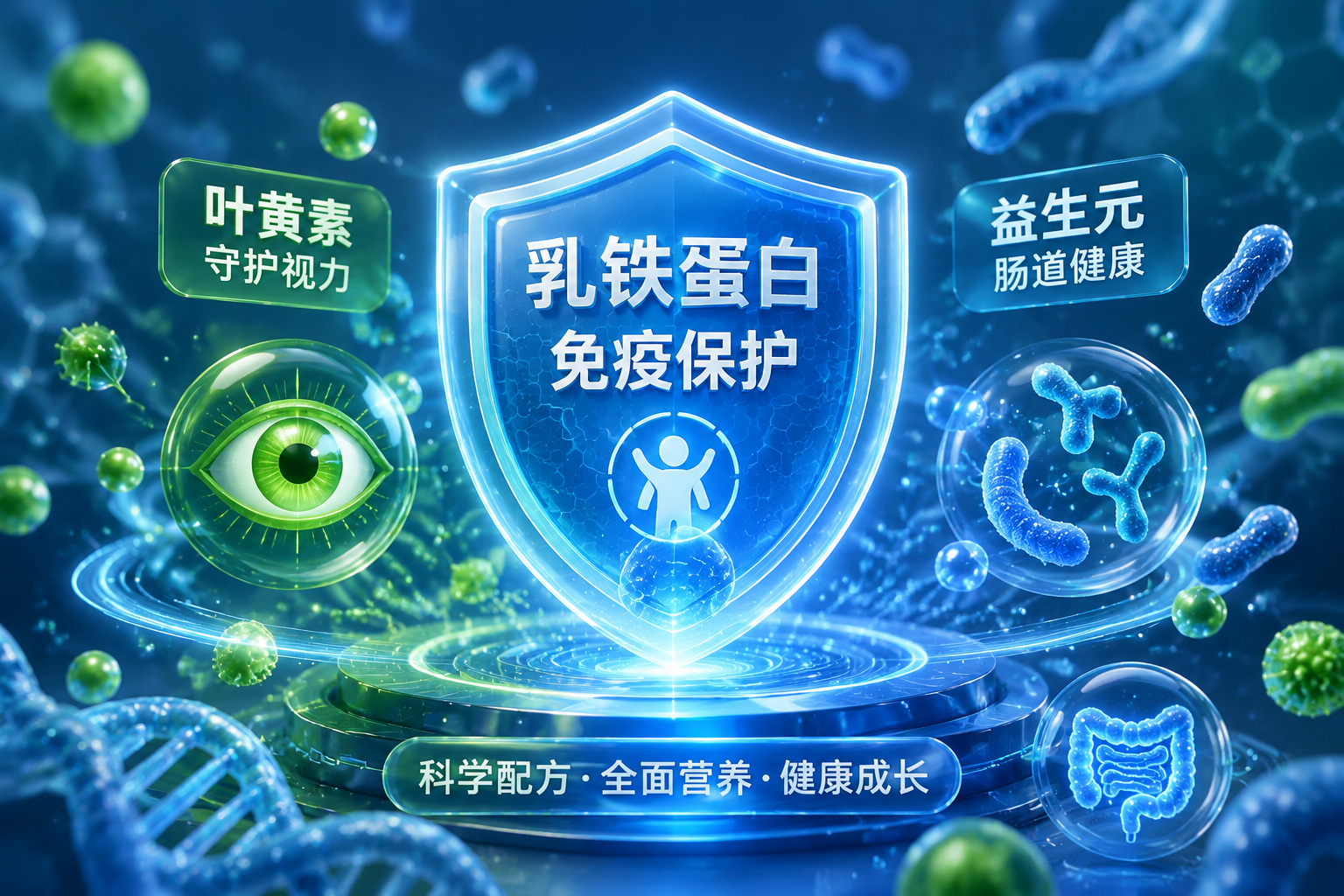 充滿科技感與營(yíng)養(yǎng)元素的微距畫(huà)面。畫(huà)面中央是一個(gè)發(fā)光的盾牌圖標(biāo)（代表乳鐵蛋白和免疫力），周圍環(huán)繞著眼睛圖標(biāo)（代表葉黃素/視力）和腸道益生菌的微觀3D模型（代表益生元）。色彩以科技藍(lán)和健康綠為主，展現(xiàn)配方的強(qiáng)大與全面。