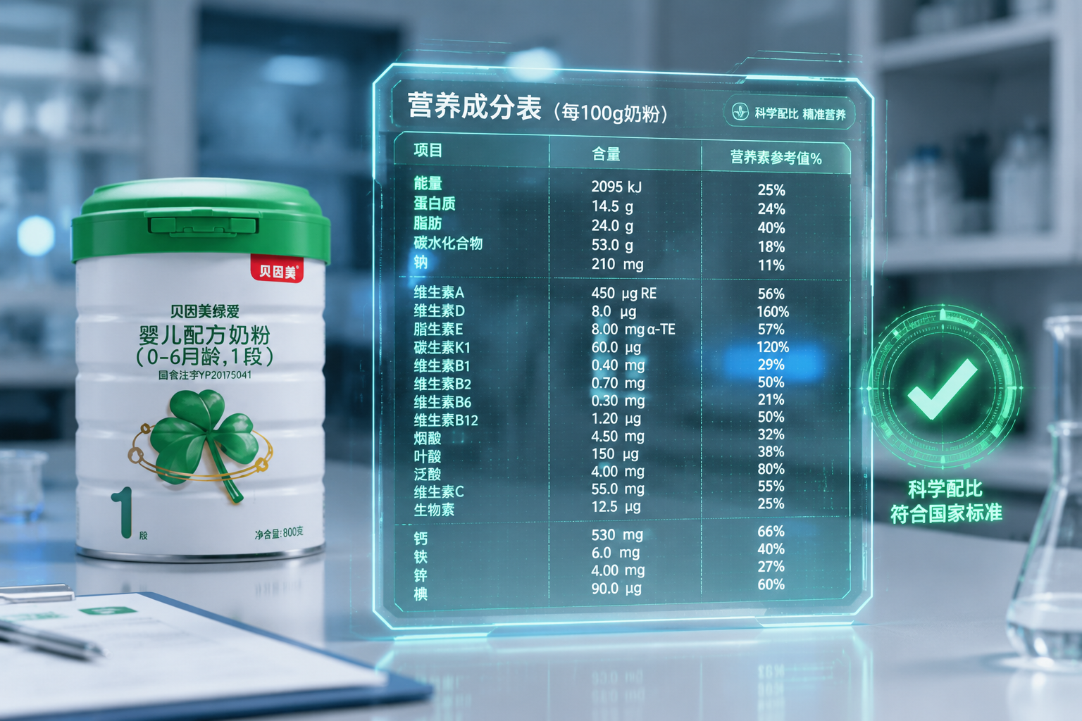 一张充满科学严谨风格的图片，背景是模糊的实验室或营养师桌面，前景是一张全息投影的营养成分数据表格，带有绿色对勾标志，高科技、清晰。