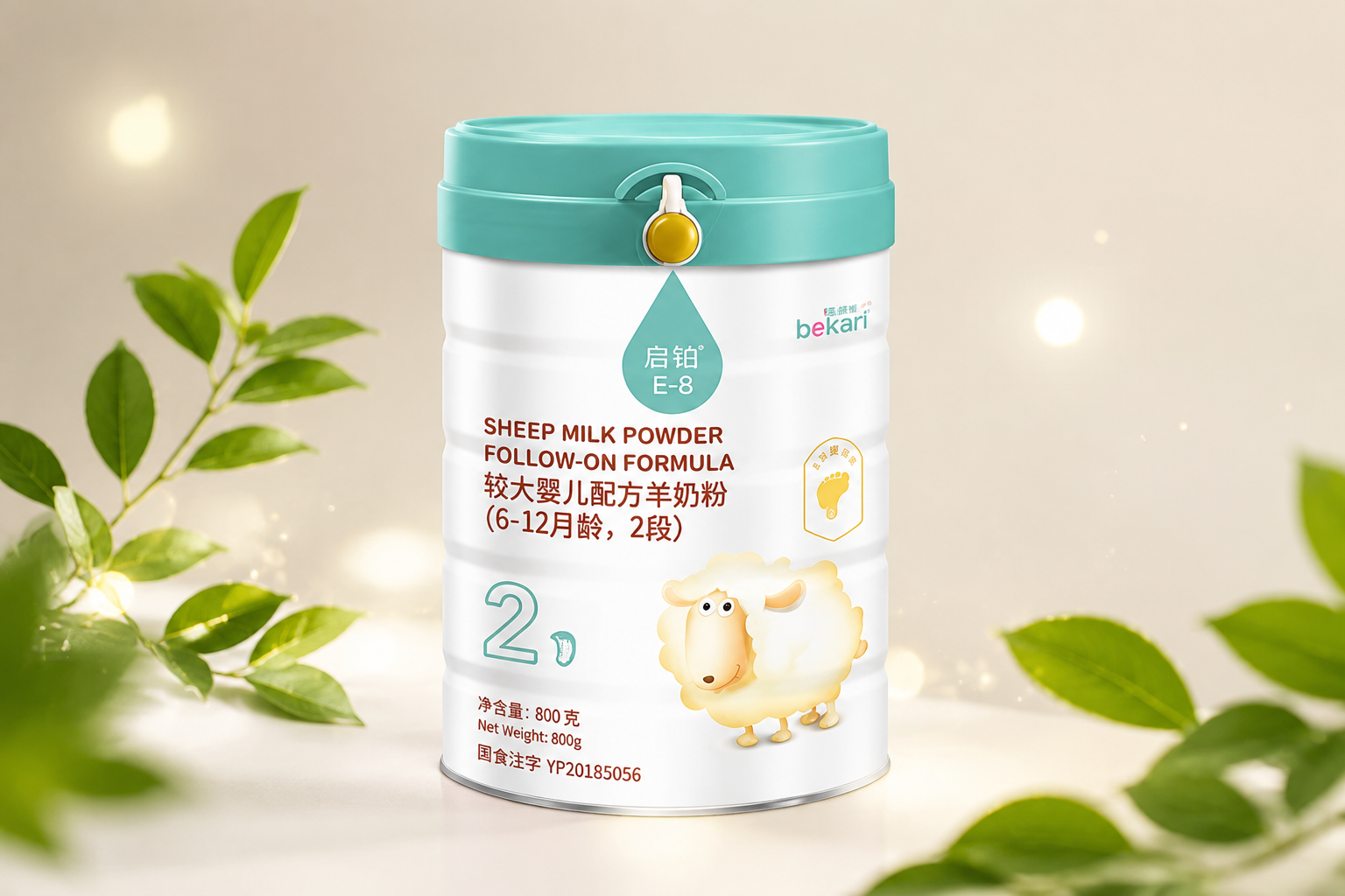 一罐蓓康僖启铂羊奶粉的专业静物摄影，放置在高端的纯色背景前，周围有柔和的灯光打亮瓶身，旁边点缀着代表天然和营养的绿色叶片与微小的光斑，画面清晰，富有质感，呈现出母婴级安全与高端品质。