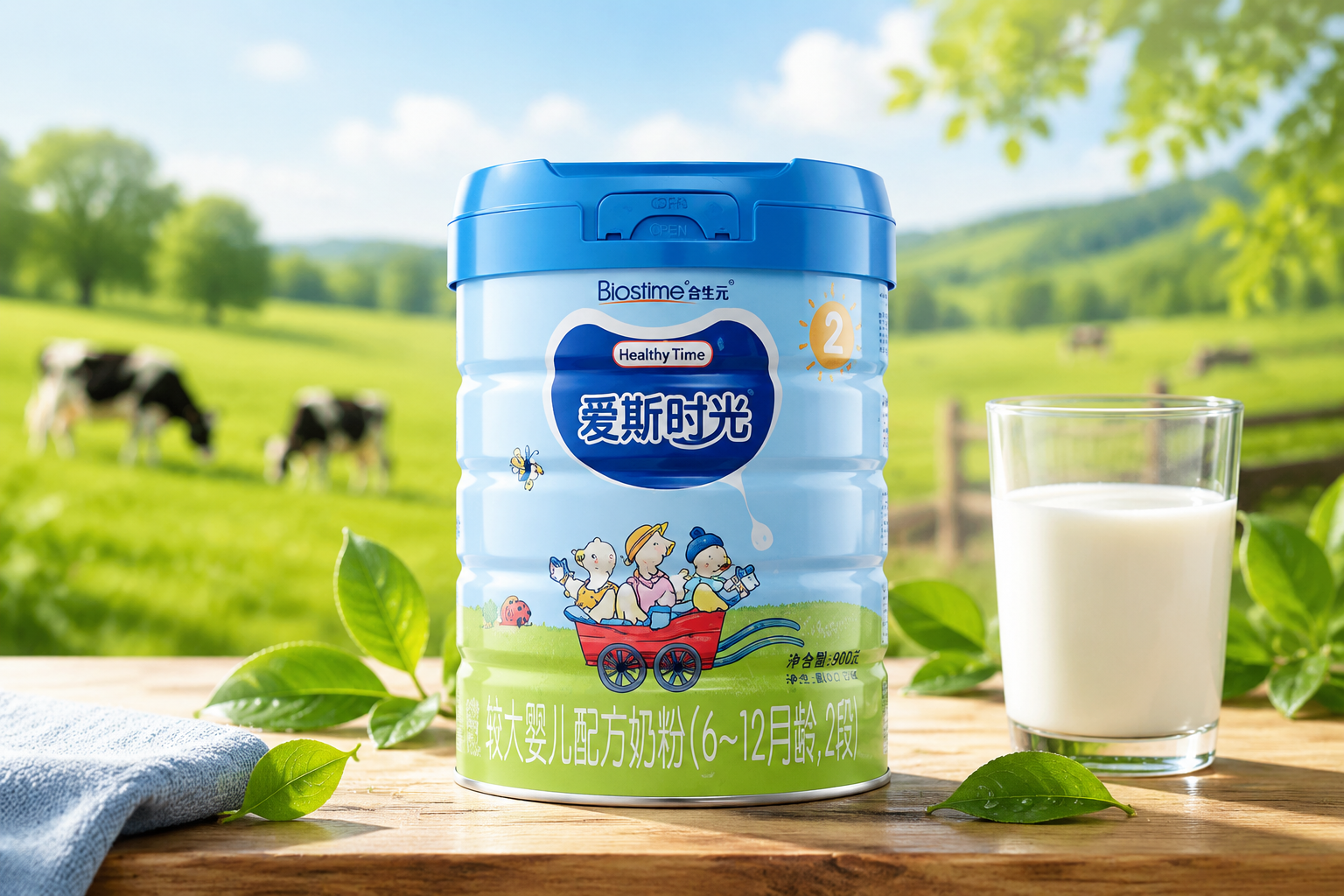 一罐合生元爱斯时光有机奶粉放置在充满自然光线的木质桌面上,背景是模糊的绿色有机牧场,旁边点缀着几片新鲜的绿叶和一杯纯净的牛奶,专业摄影,高分辨率,柔和的自然光。