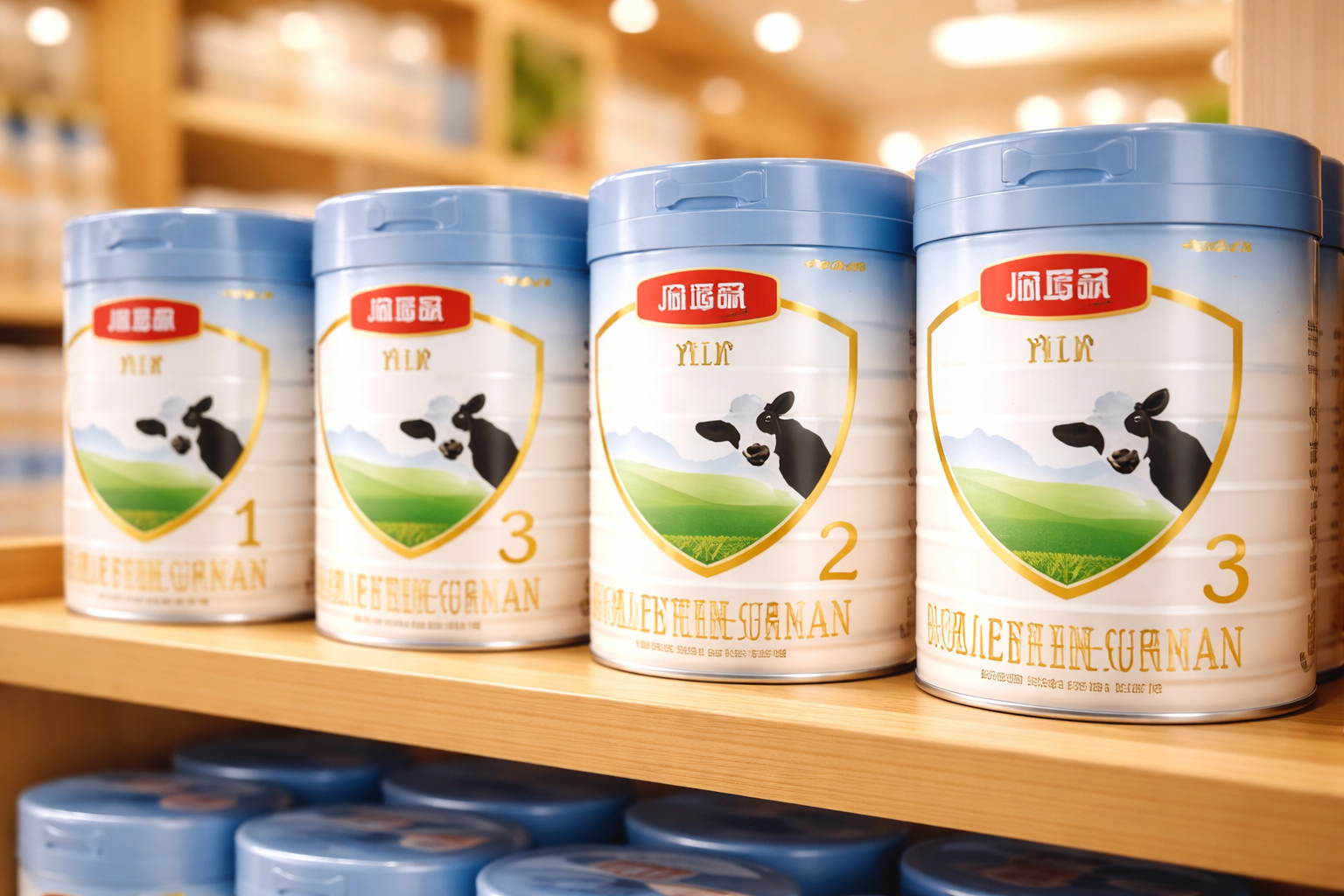 幾罐包裝精美的伊利金領冠系列嬰兒奶粉整齊排列在高端母嬰店的木質展示架上，背景虛化，暖色調，展現品牌系列矩陣，商業(yè)攝影。