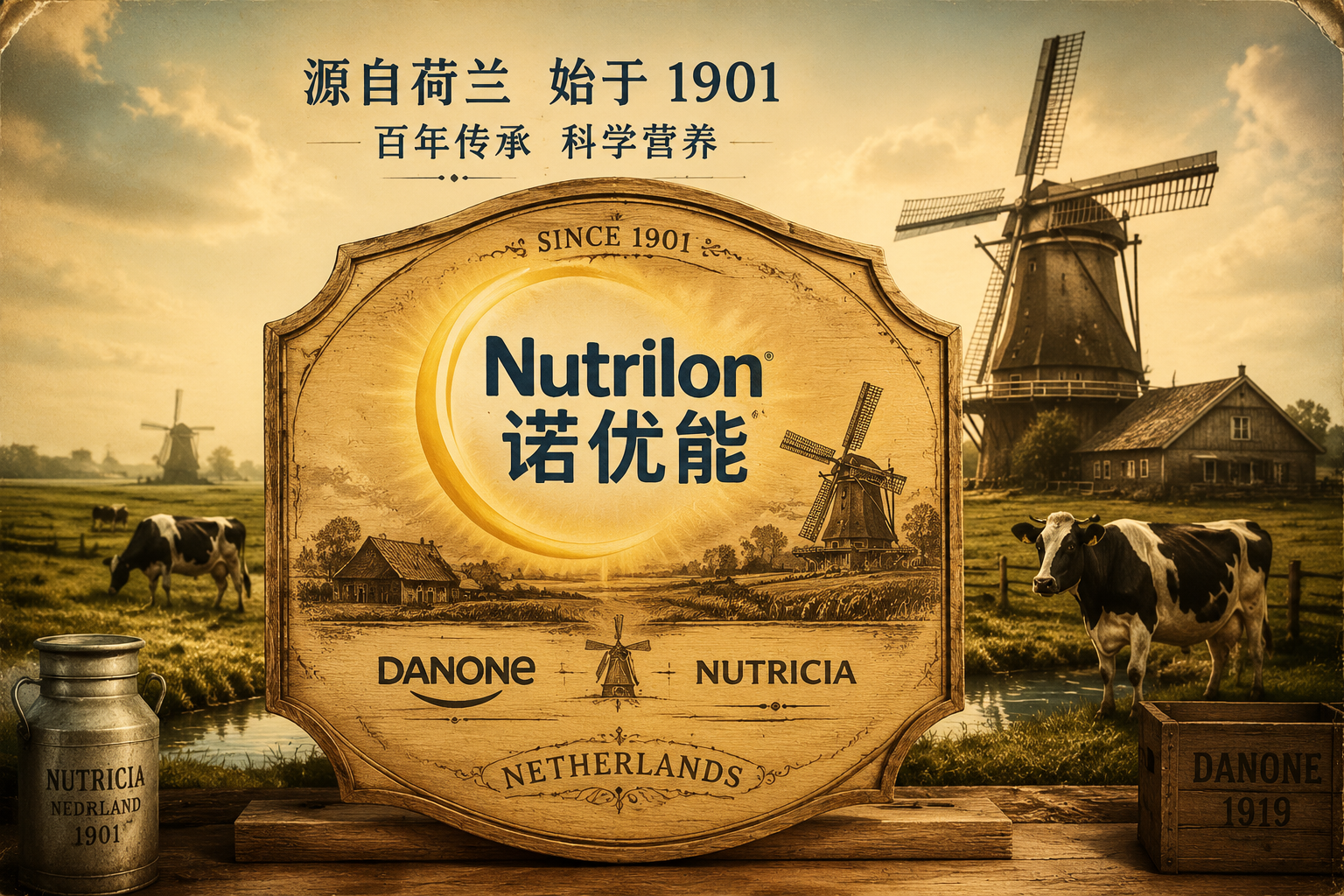 充滿歷史感的復古風照片，背景是1901年的荷蘭風車和牧場，前景是諾優(yōu)能品牌標志，展現(xiàn)達能和紐迪希亞的悠久品牌歷史，電影級打光，質感高級。