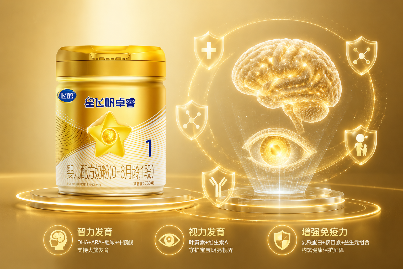 奶粉罐旁边有一个发光的婴儿大脑和眼睛的半透明全息投影模型，周围有代表免疫力的盾牌图标环绕，体现特色配方对宝宝智力、视力及免疫力的全方位守护。