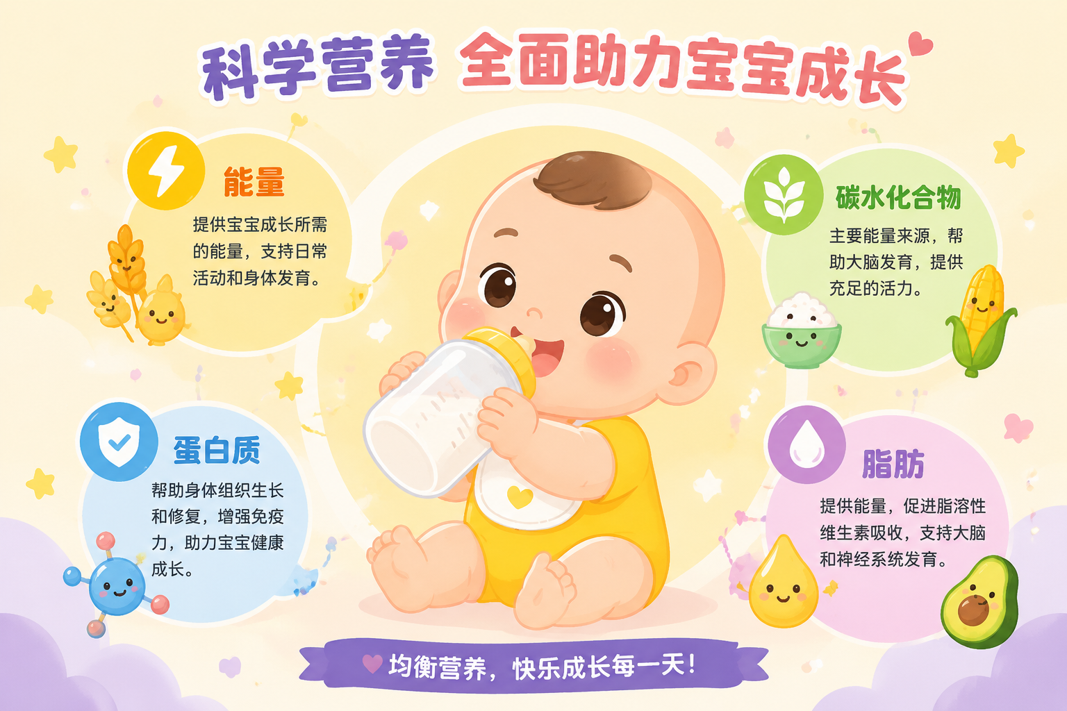 扁平化风格插画，一个健康快乐的婴儿正在喝奶，周围环绕着代表能量、蛋白质、碳水化合物和脂肪的彩色可爱图标，色彩明快，温馨可爱，母婴科普风格。