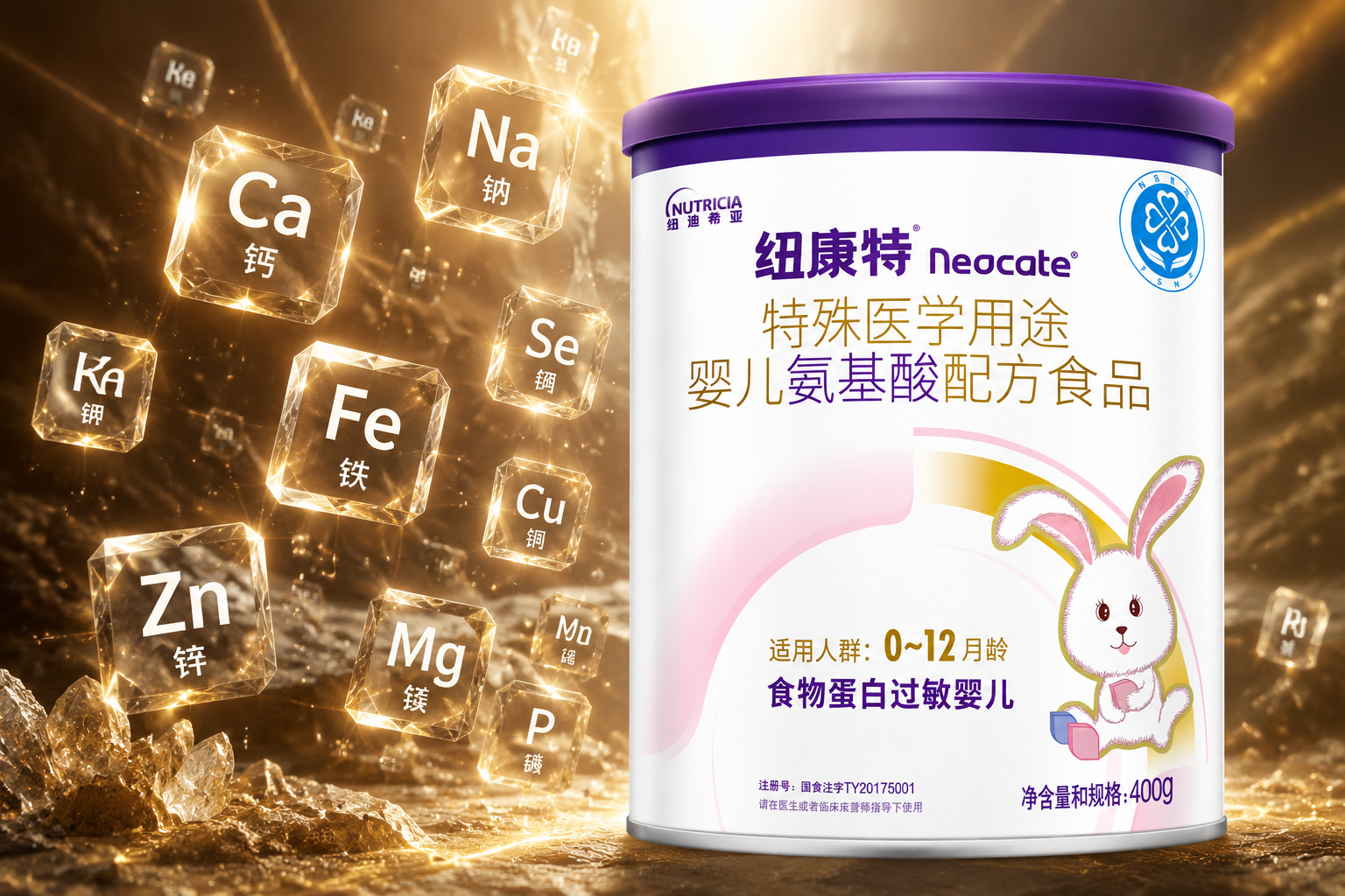 奶粉罐特写，背景是各种矿物质元素的化学符号（Na, K, Ca, Fe, Zn等）在发光的晶体中闪烁，大地色系与科技光效结合，突出矿物质的丰富。