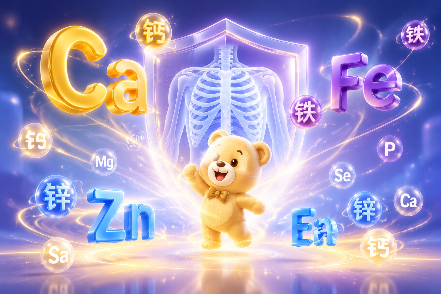 各種礦物質(zhì)元素（如鈣、鐵、鋅）的立體發(fā)光字母漂浮在空中，背景是強(qiáng)壯的骨骼和盾牌的虛影，象征著微量元素對(duì)寶寶身體的支撐與保護(hù)。
